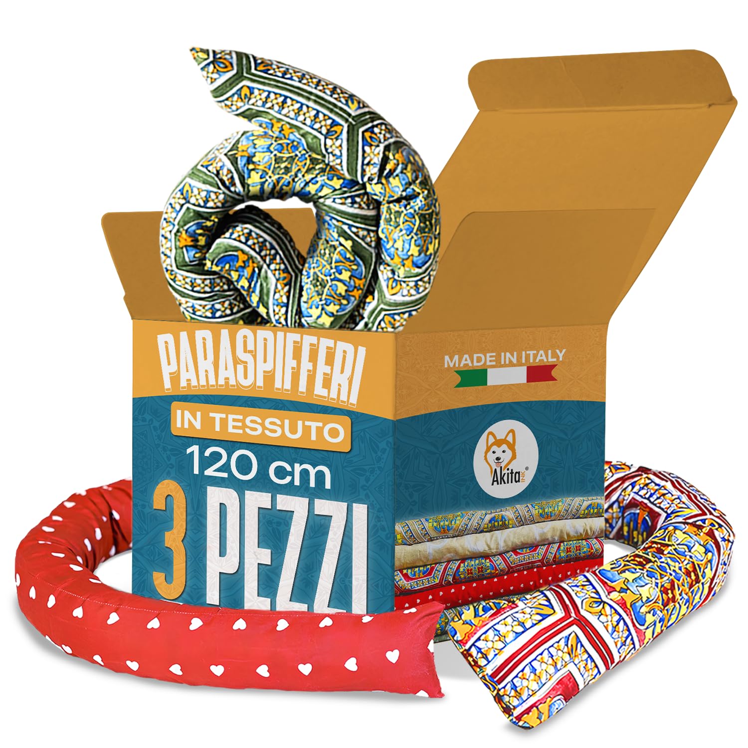 Akitaink Set 3 Paraspifferi in cotone, paraspifferi sottoporta, Parafreddo Imbottiti per Porte e Finestre, 120 cm, Made in Italy - Risparmio Energetico e Protezione Completa
