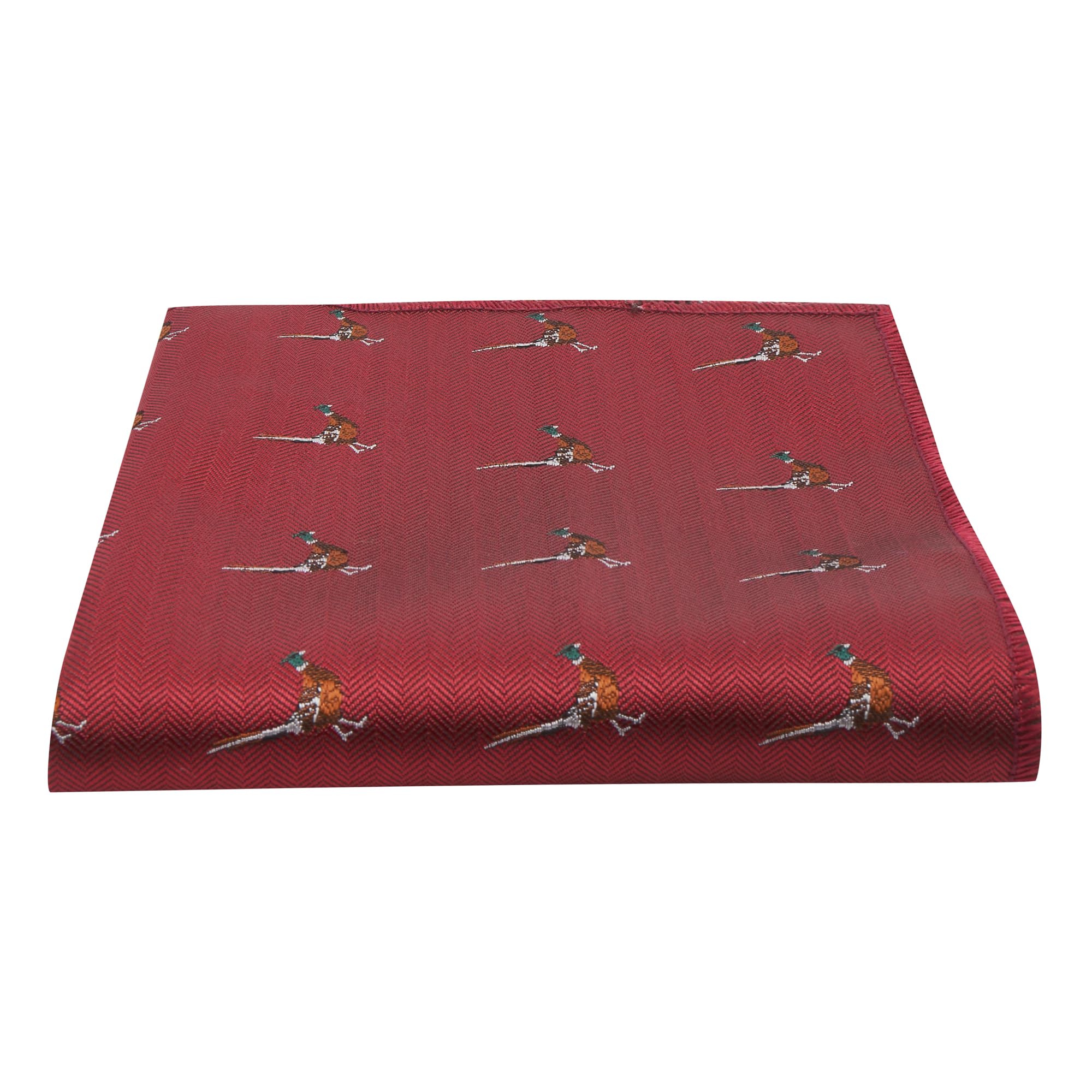 King & Priory Burgundy Red Herringbone Embroidered Pheasant Pocket Square, Handkerchief