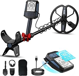 SUNPOW Detector de Metales Recargable - Bobina D Doble de 11 Pulgadas, Batería de Litio de 35h, 10 Niveles de Sensibilidad, 4 Modos de Búsqueda, 7 IDs de Metales, con Pala, Mochila y Audífonos