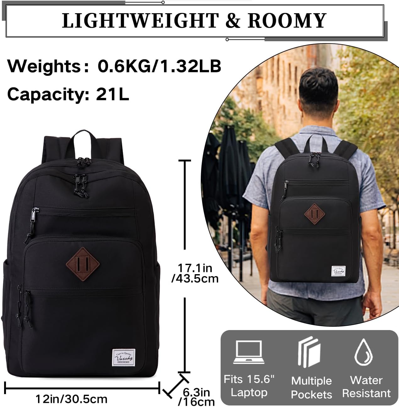 VASCHY School Backpack for Men, Unisex Large Bookbag Schoolbag Casual Daypack for High School/College/Teens/Travel/Work Black - Image 3