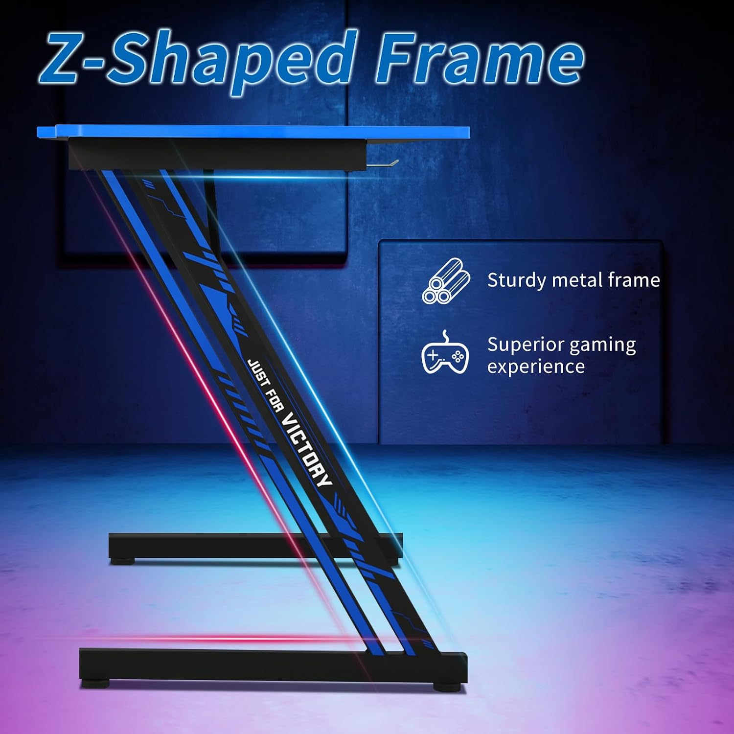 39 ”Gaming Desk Ergonomic Computer Desk Z Shaped Office Home Desk Simple PC Workstaion Gaming Table with Carbon Fibre Surface& Headphone Hook for Bedroom, Workstation, Blue
