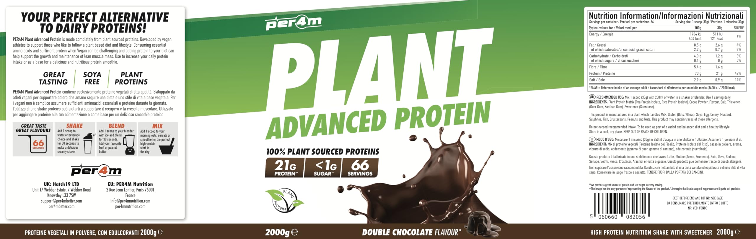 Per4m Plant Protein, Proteine 100% Vegetali da Pisello e Riso, Profilo Aminoacidico per i Muscoli, Formula Vegan Digeribile e Sostenibile, Per Vegani e Sportivi di Qualità – Double Chocolate – 2kg