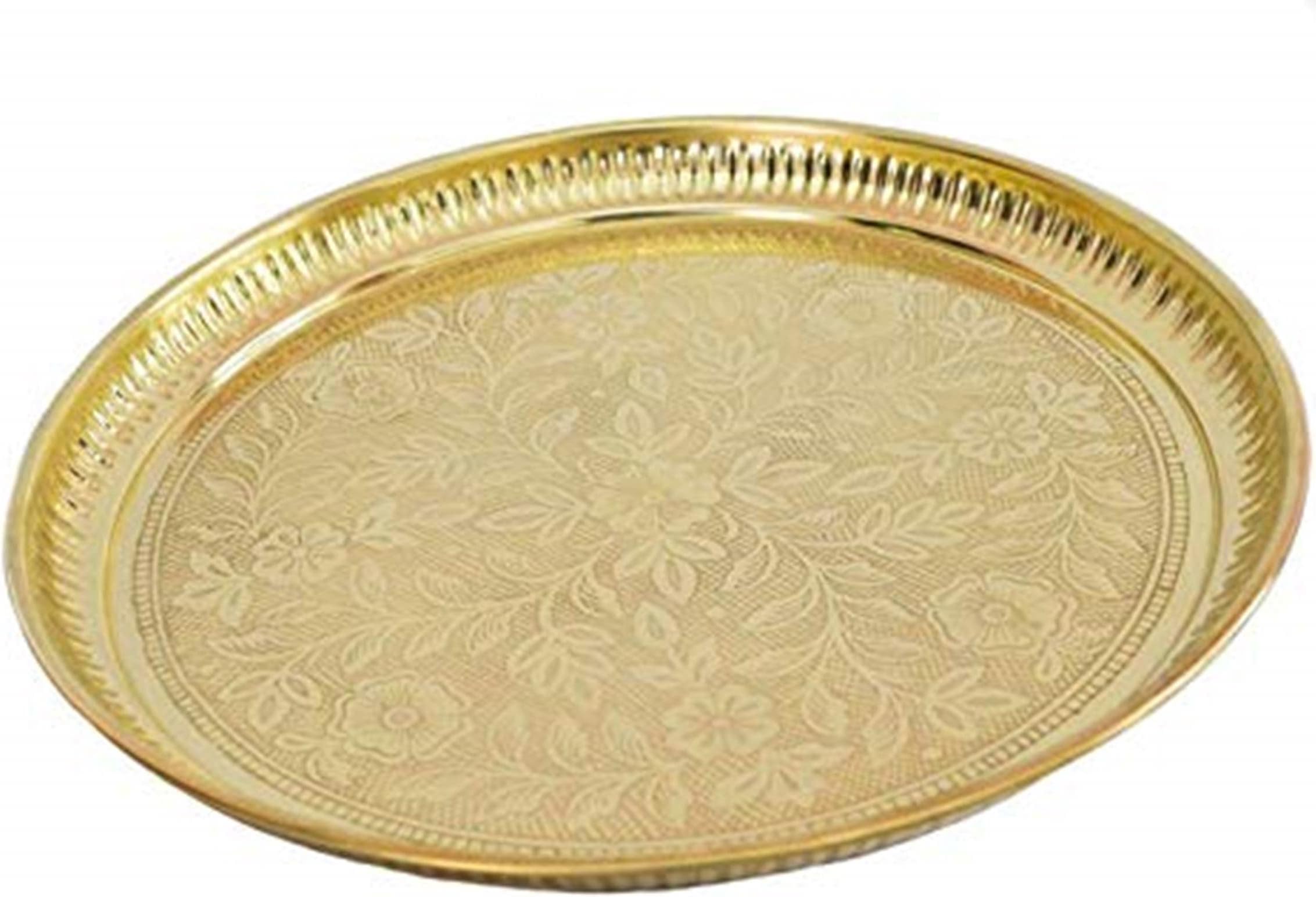 Handmade Brass Puja Thali with Flower Embossed Design (Gold, 8 Inch)