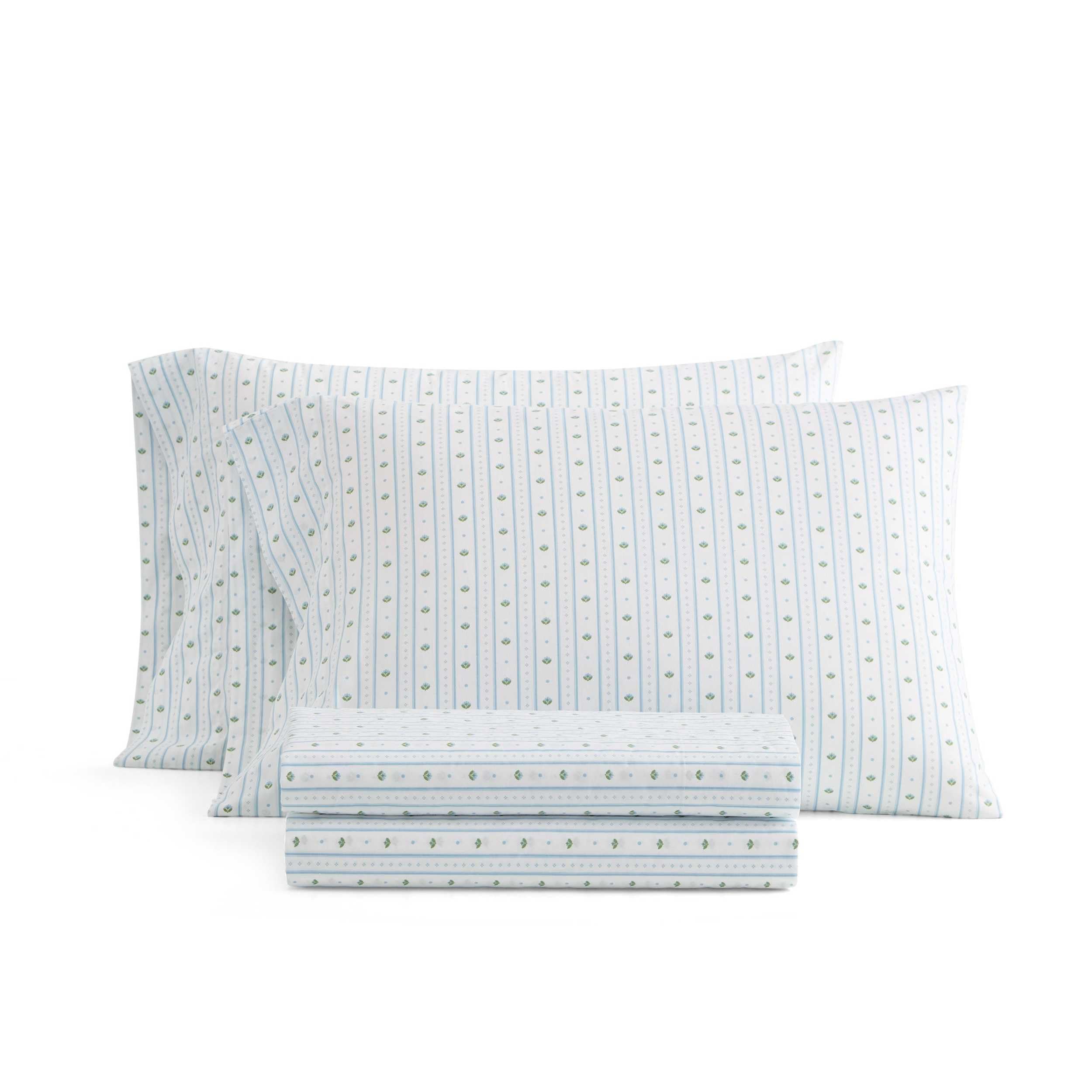 Martha Stewart - Queen Size Sheet Set, Crisp &amp; Tailored Sheets with a Smooth Cotton Percale Feel - Floral Bed Sheets with Matching Pillowcases &amp; Fitted Sheet (Floral Stripe Blue)