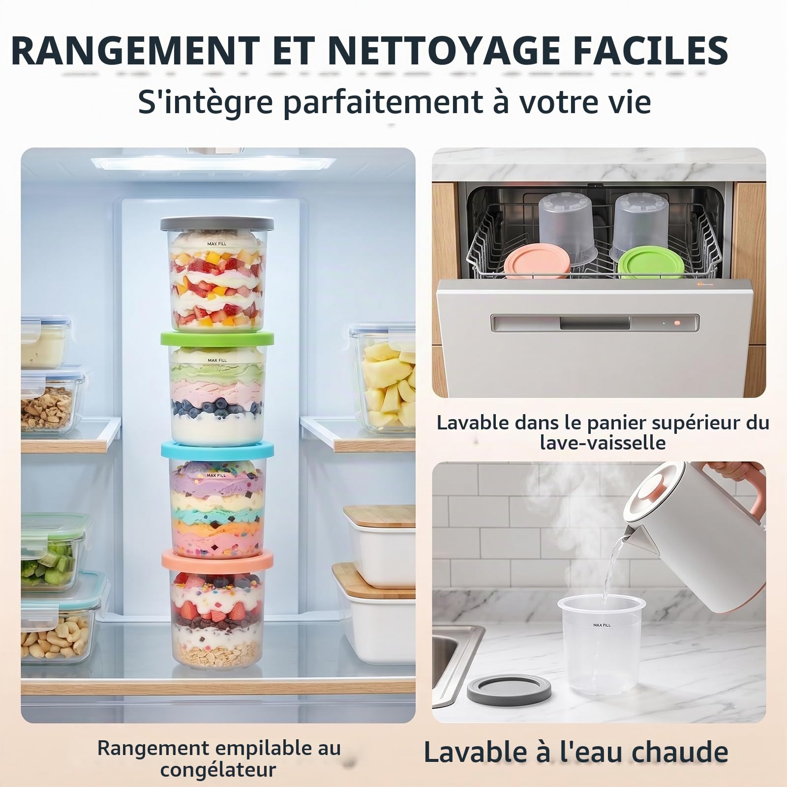 Conteneurs pour Ninja Creami, Lot de 4 Tasses de Remplacement & Ensemble de Conteneurs Deluxe, Tasses de 500ml avec Couvercles Colorés, sans BPA et Lavables au Lave-Vaisselle, Compatible