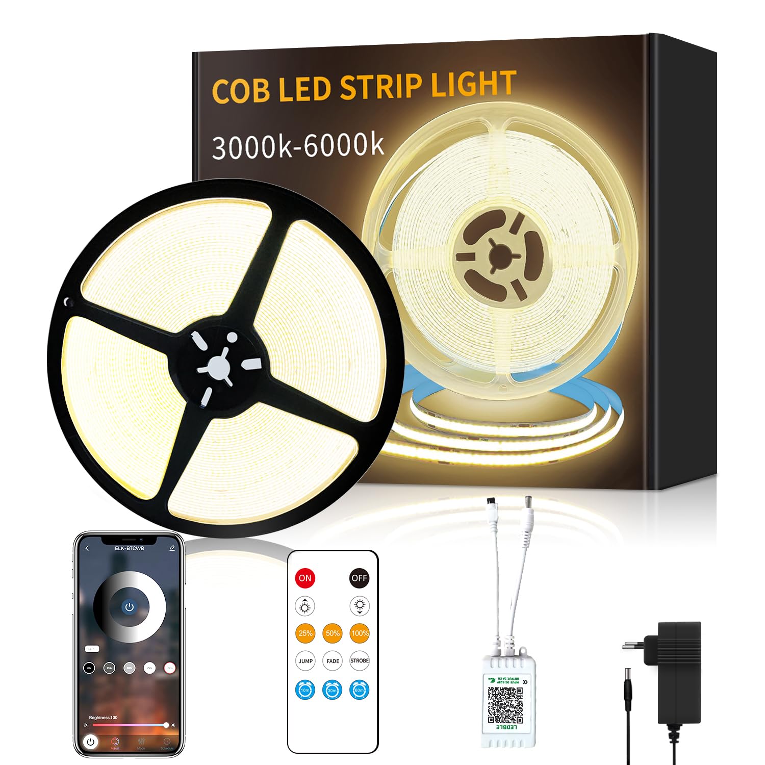 Cob Striscia LED da 15 m, controllo app, con telecomando, DC24 V, 3000 K, luce bianca calda, flessibile, dimmerabile, adatta a camera da letto, stanza, decorazione fai da te