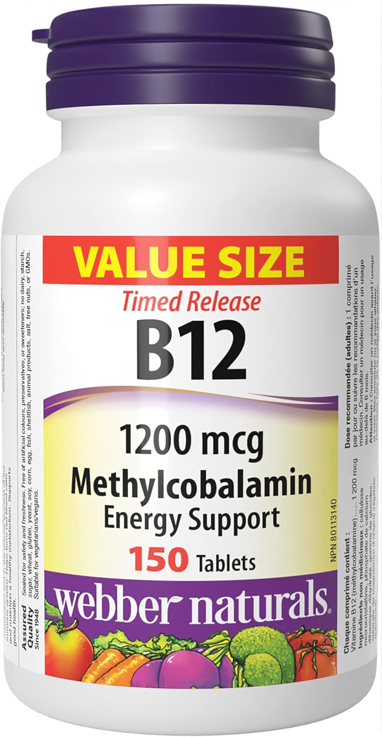 Webber Naturals Vitamin B12 1200 mcg, Timed Release, 150 Tablets, Supports Energy Production and Metabolism, Vegan