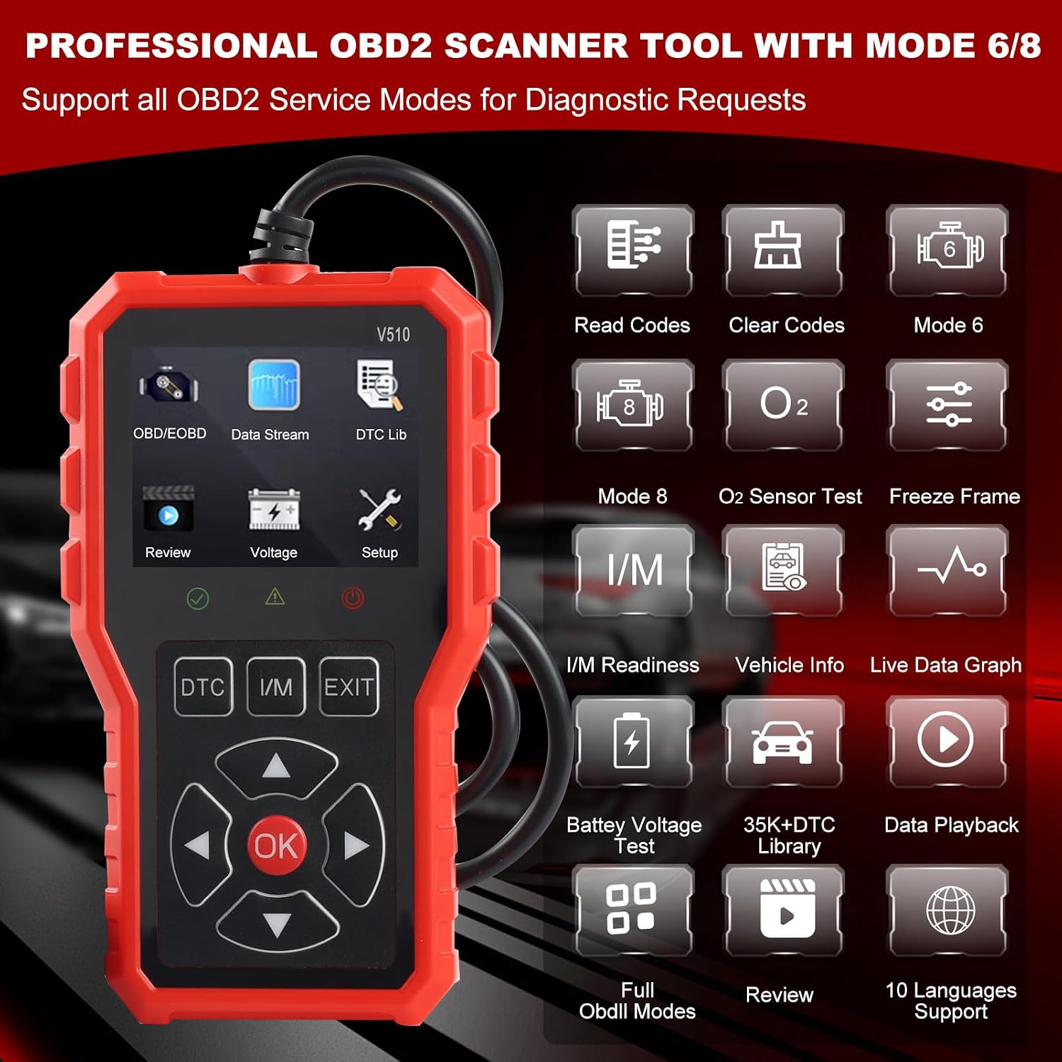 ZhenBaoTian V519 OBD2 Scanner main menu showing various diagnostic functions