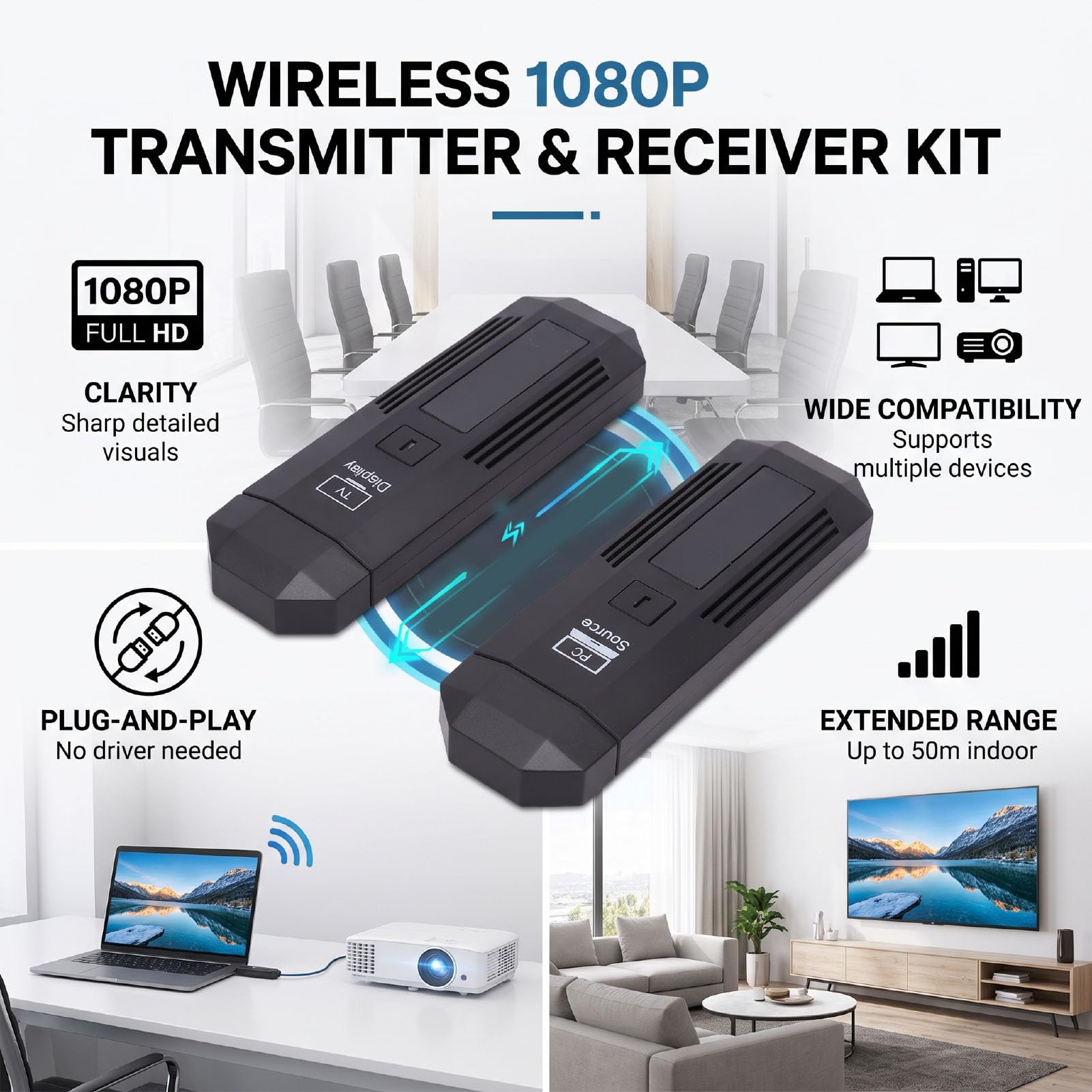 Ricevitore Trasmettitore Video Wireless 1080P 60Hz 50m per Interni | 1080P 60 Hz, Alloggiamento in ABS, compatibilità TV Box per PC Laptop, Sale Riunioni, Giochi Home Theater, Adattatore Display