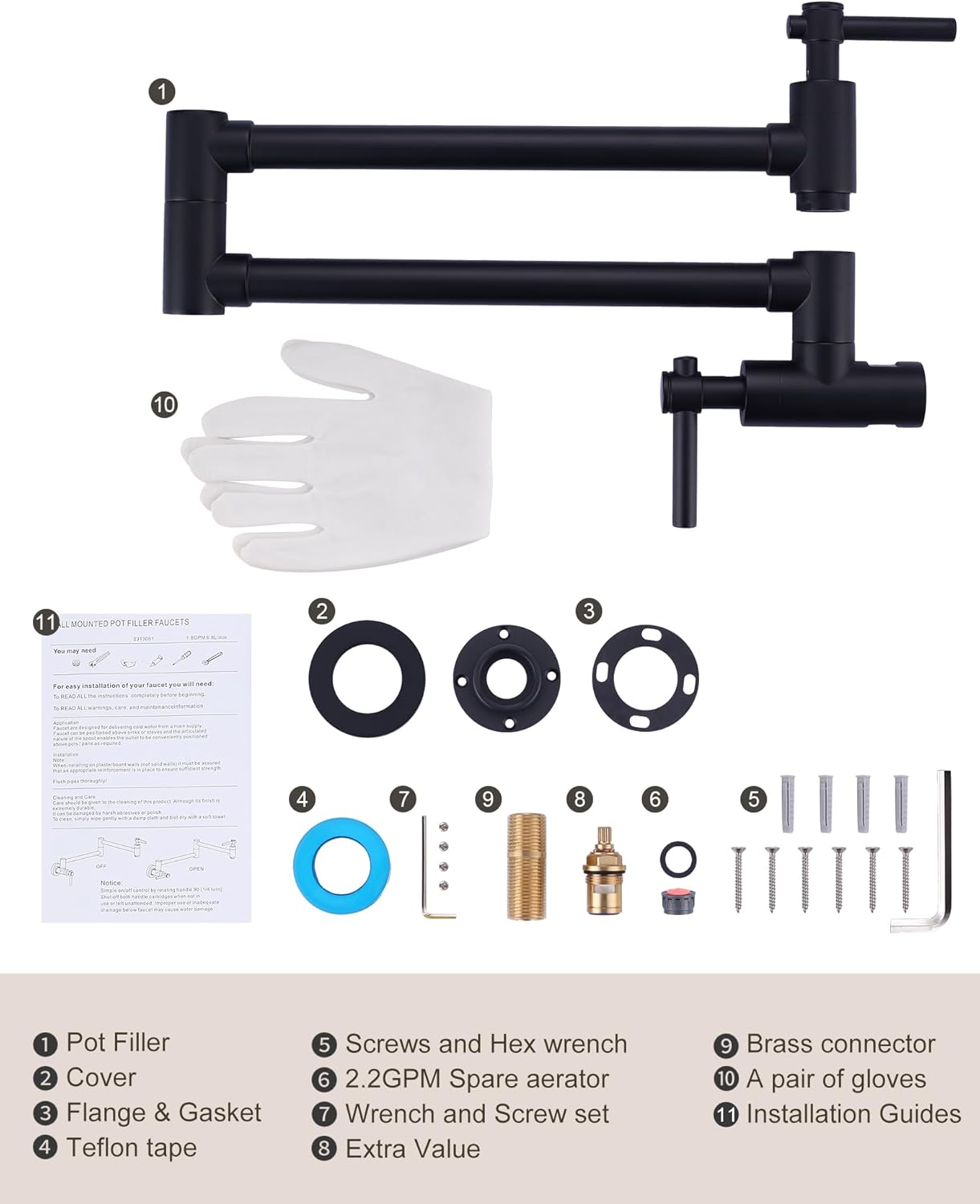 Pot Filler Faucet Wall Mount, Folding Kitchen Faucet with Double Joint Swing Arm, Single Hole Stretchable Brass Faucet with 2 Handles, Black Pot Filler Above Stove