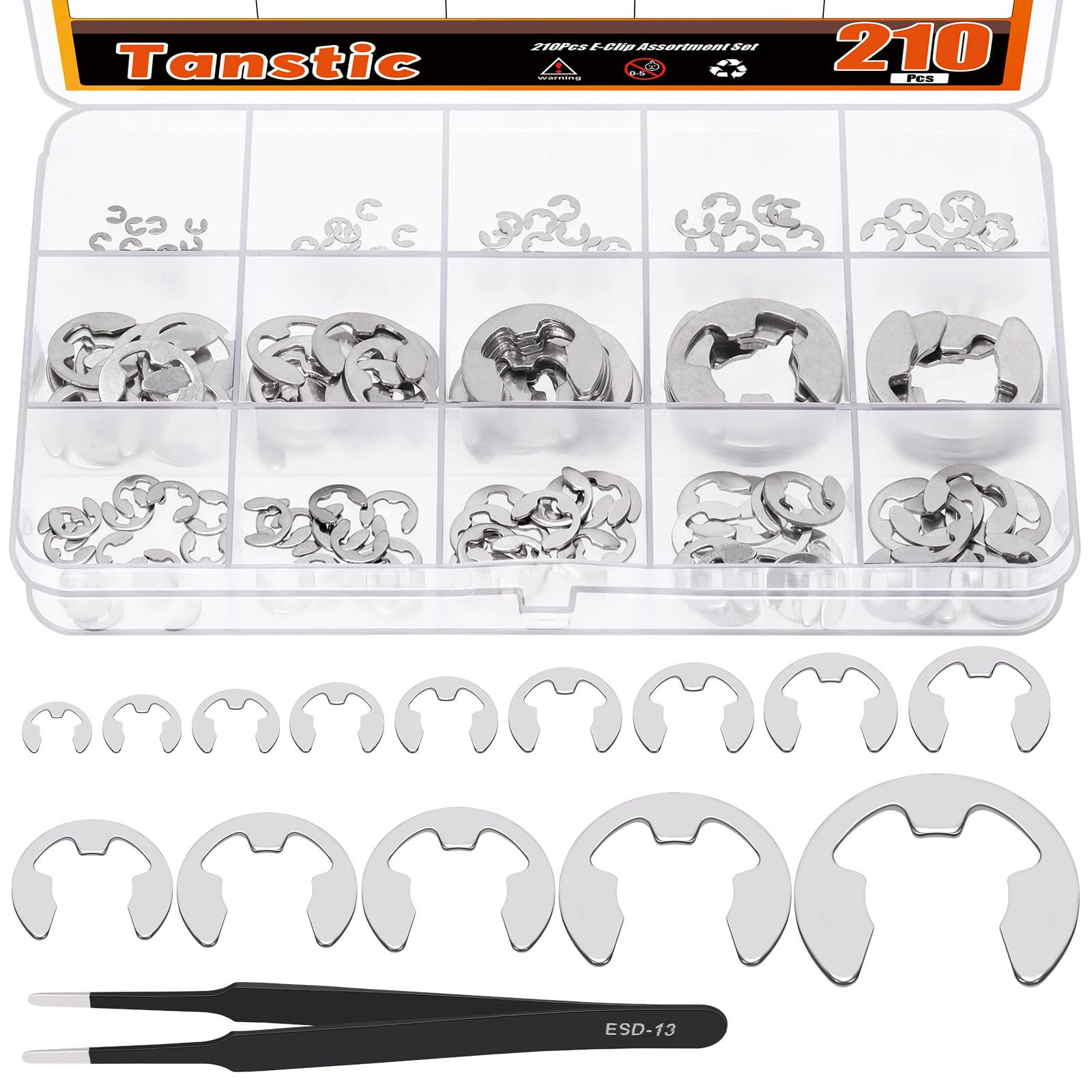 Tanstic 210Pcs 14 Sizes E-Clip External Retaining Ring E Clip Assortment Stainless Steel E-Clip for Bearings Gears