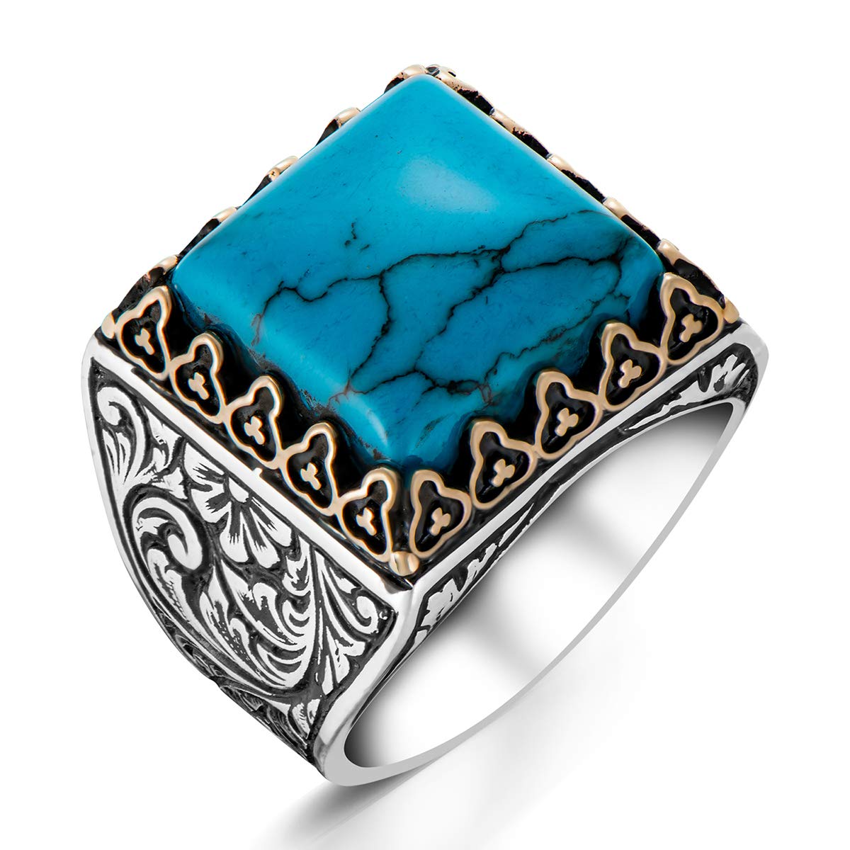 TAKILINGO925 Sterling Silver Masterwork Engraved Square Design Turquoise Stone Ottoman Style Tumbled Men's Ring