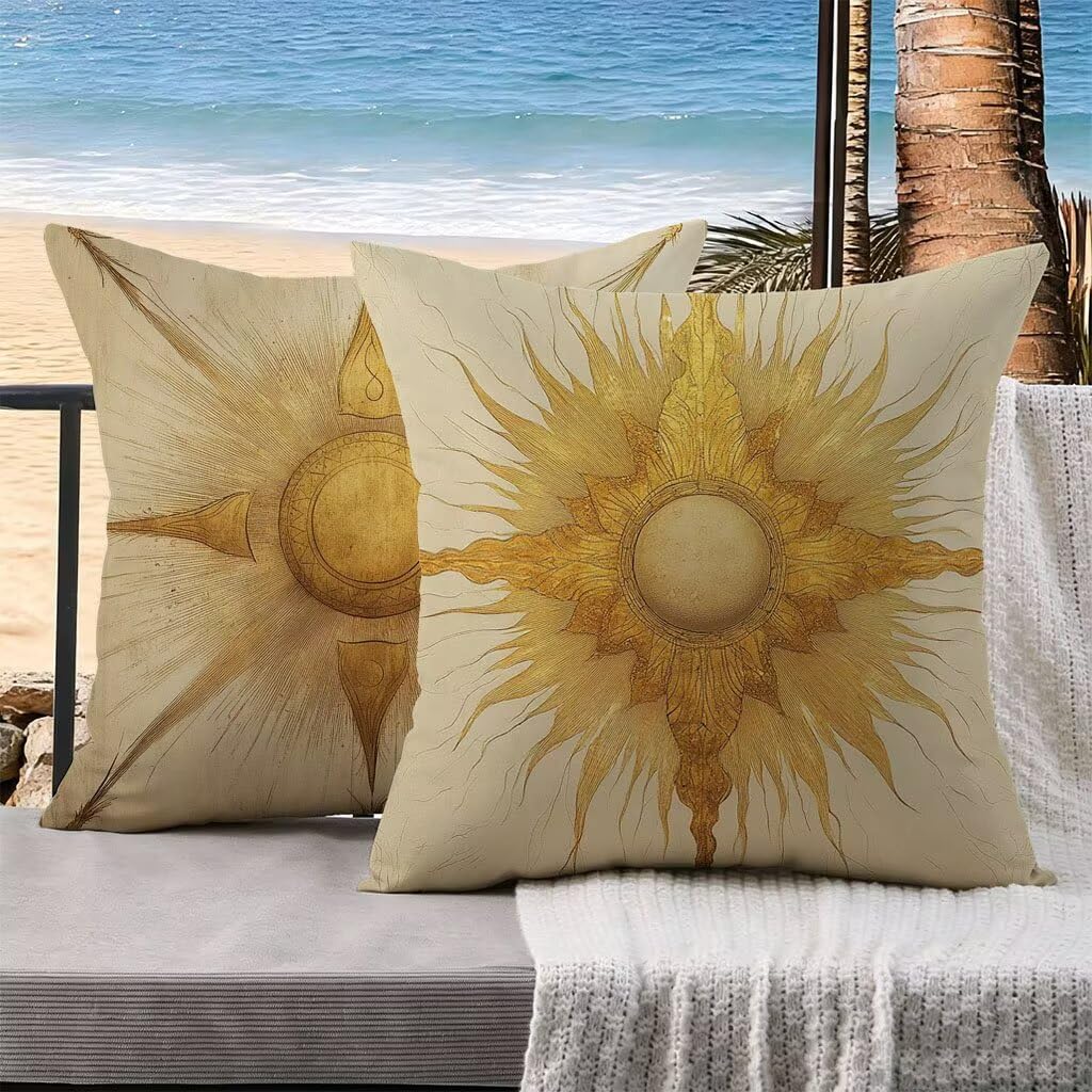 Housse coussin extérieur lin lot de 2 70x70 abstrait jaune pour décoration jardin