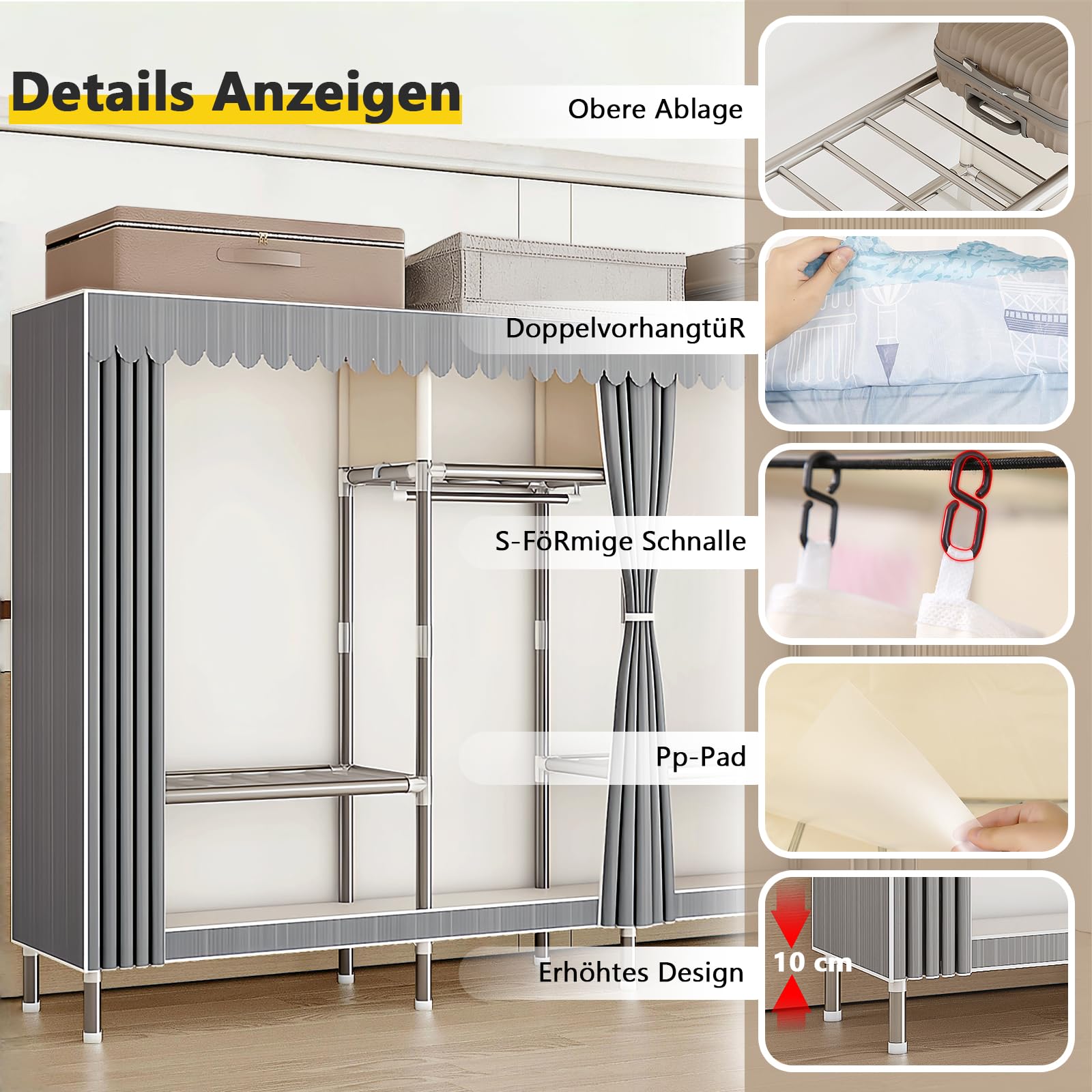 Kleiderschrank Faltschrank Stoffschrank, Mit Oxford-Stoffbezug Und Verdickter PP-Platte, Furniture Bedroom Wardrobes, Alle Legierungsschnittstellen, Tragfähigkeit 800 Kg (207x46x173cm)