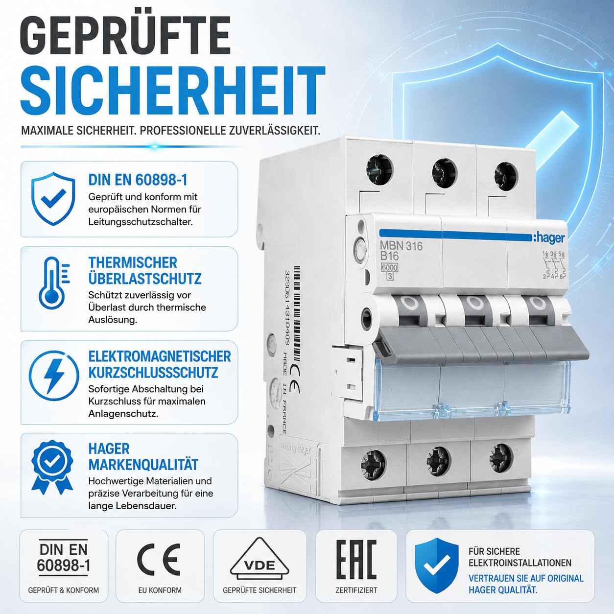 Hager Leitungsschutzschalter MBN316 3-polig B16A 6kA, LS-Schalter mit biconnect Klemmsystem, Sicherungsautomat für Drehstrom 230/400V, DIN-Schiene, 3 Module, Schutzschalter