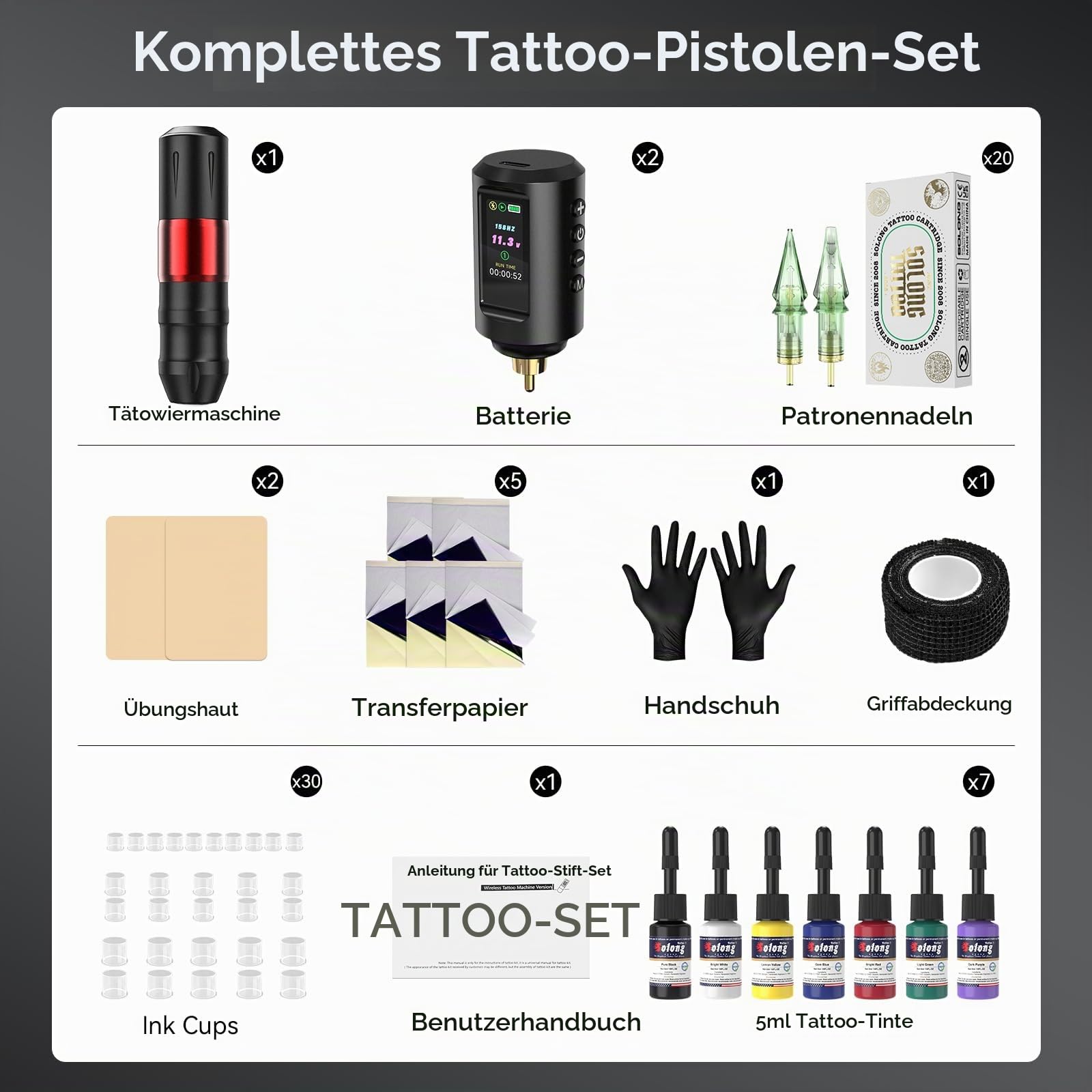 Solong Tattoo Gun Maschine Set, 20 Tattoo Nadeln, 7 Flaschen Tinte, 2 Batterien 1800mAh, Vollständiges Tattoo Kit für Anfänger und Profis EF-TKP752AEU-2