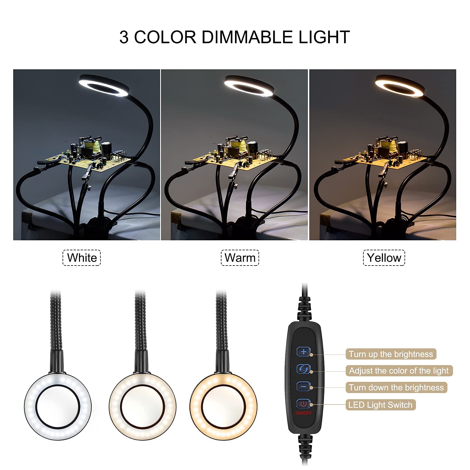 LED-Lupe Zum Löten & Reparieren – 3x/4,5x Vergrößerung, Drehbar | Mit Krokodilklemmen & Halter | USB/Akku