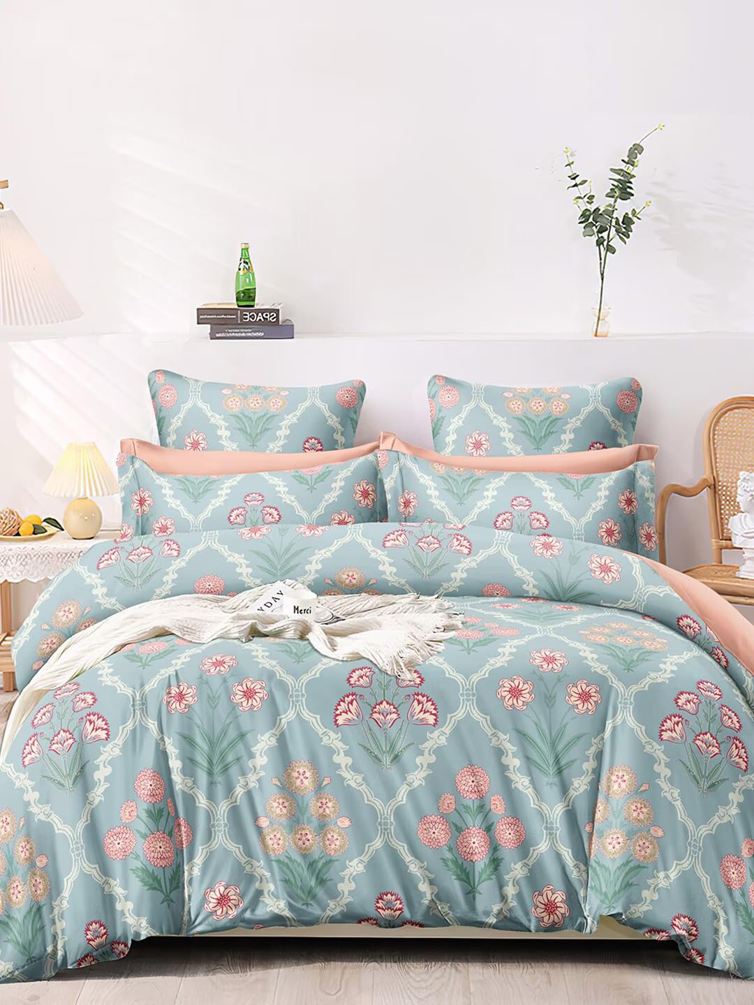 LOOMLYFE 300 TC Microfiber XXL Soft Cotton Super King Size Bedsheet for Double Bed, King Size 108 Inches X 108 Inches, 9 Feet, 275 X 275 cm with 2 Large Size Pillow Covers - GreenJaipuri