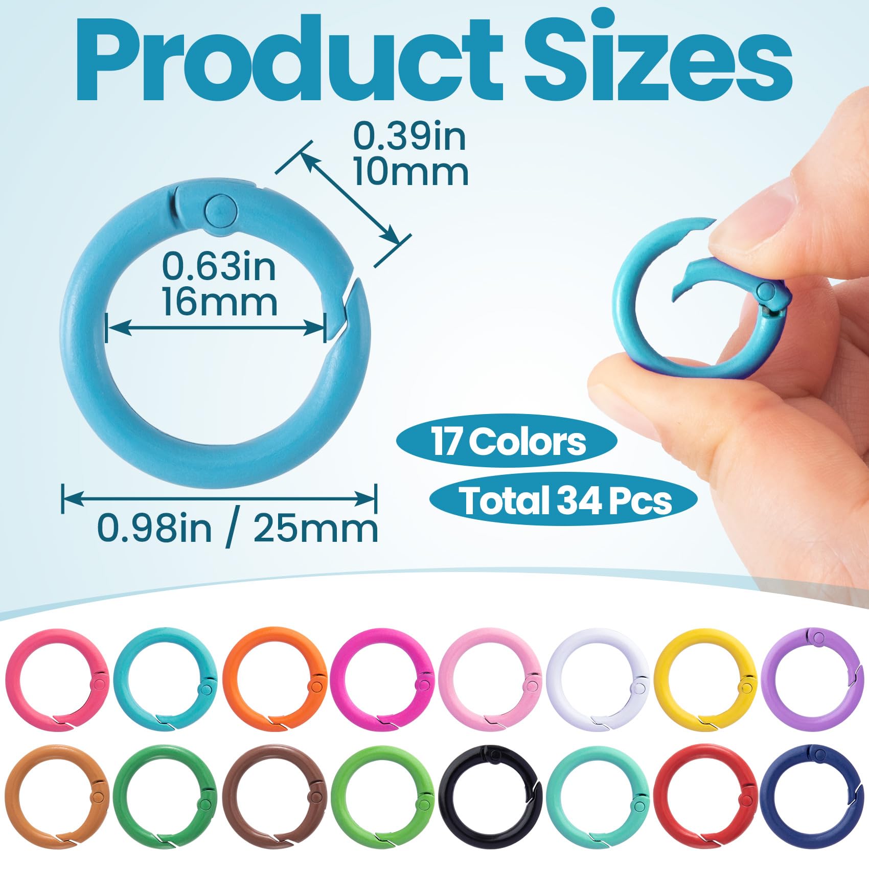 Winsyison 34pcs Spring O Rings, Colorful Round Spring Snap Keyring, Metal Carabiner Clips for Keychain Handbag Purse Dog Collars Leashes Lanyard DIY Crafts- 17 Colors