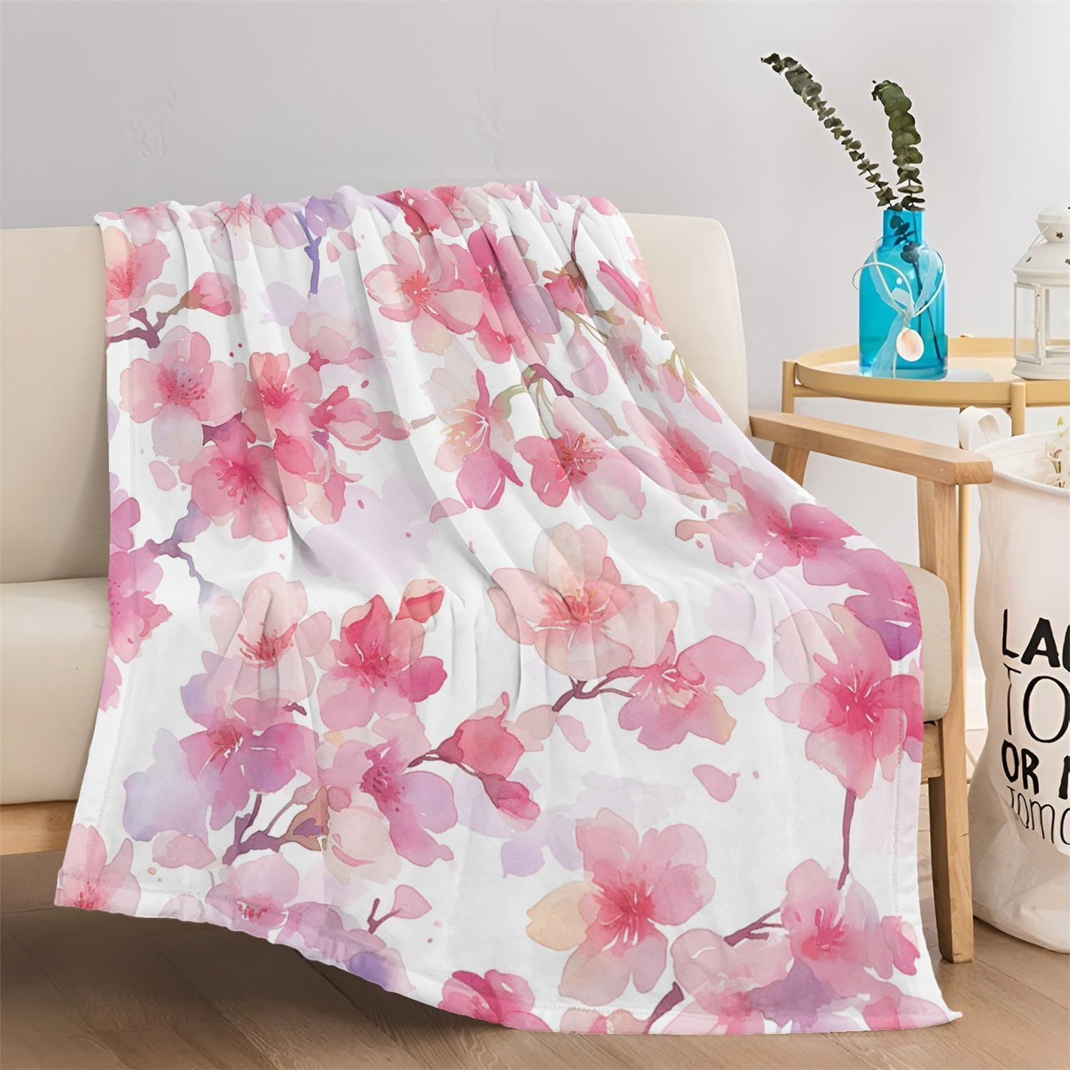 Couverture polaire légère rose à motif floral de dessin animé taille unique