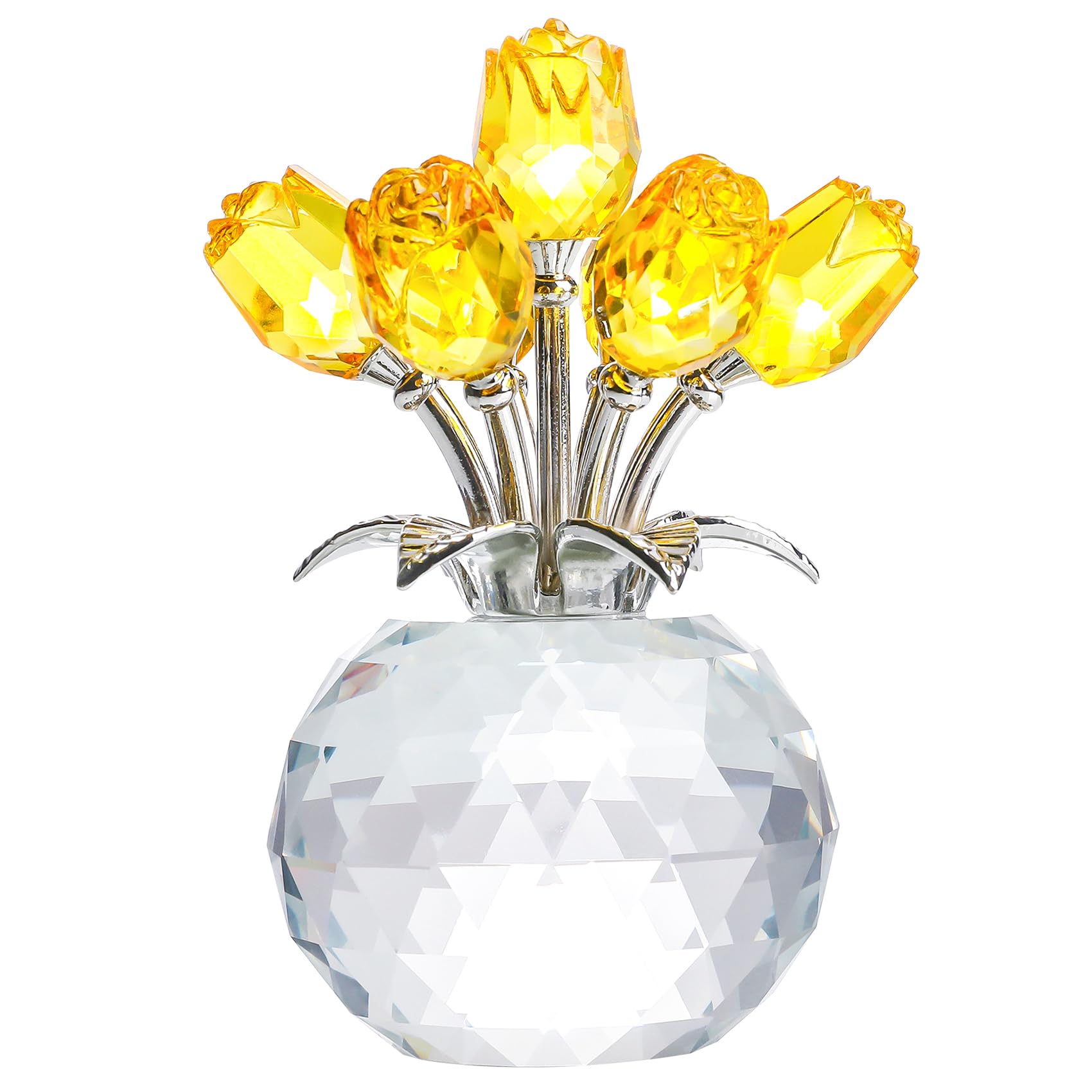 YWHL Handmade Crystal Yellow Rose Flower Figurine with Round Vase, Romantic Rose Gifts for Wife Mom on Valentine's Birthday Christmas, Glass Rose Flower for Sister Friends, Wedding Home Decorations