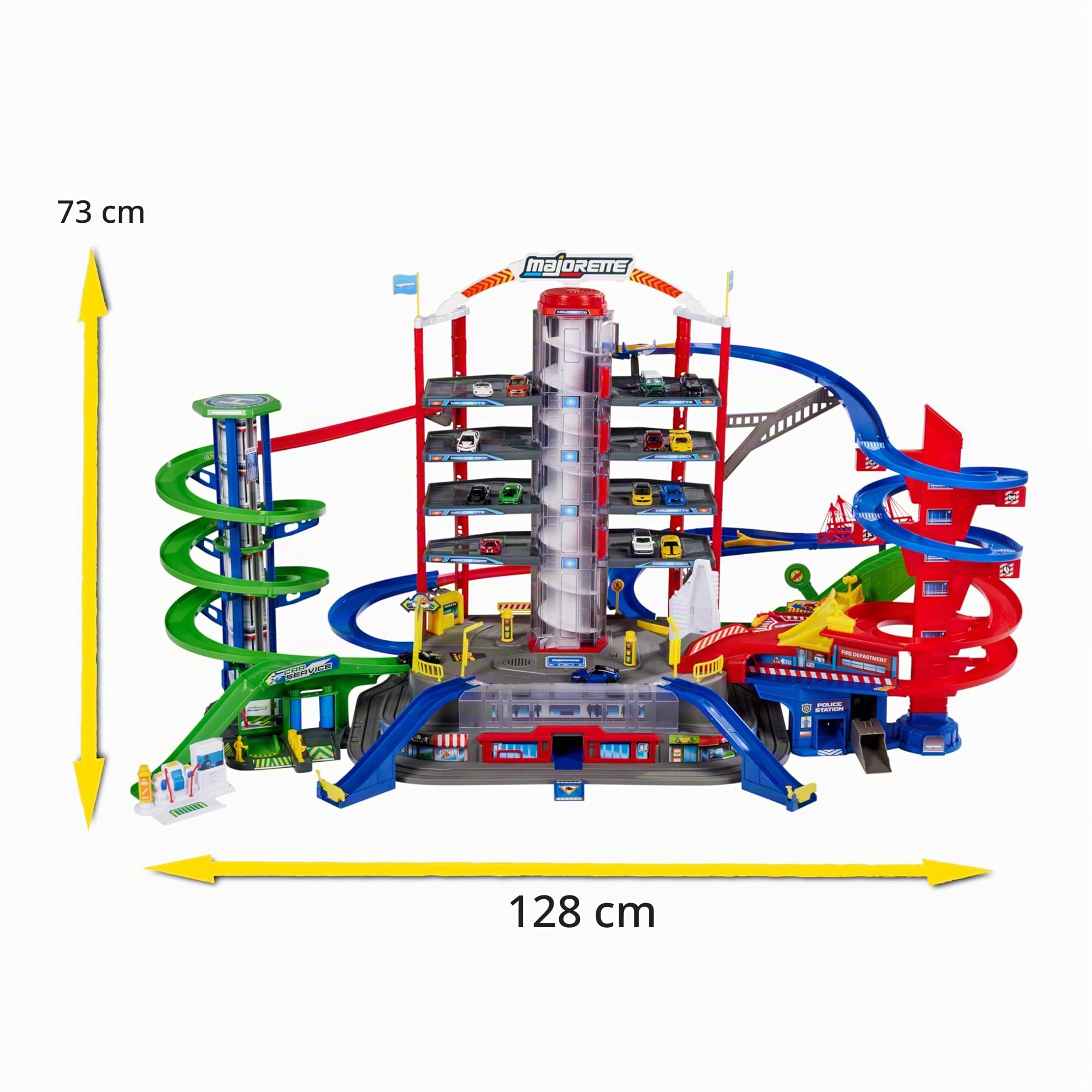 Majorette - Super City Garage - Train Motorisé - 7 Niveaux de Jeu avec 2 Ascenseurs Automatisés - Pompier + Police + Héliport - 35 Places de Parking - 6 Véhicules Inclus - 212059989
