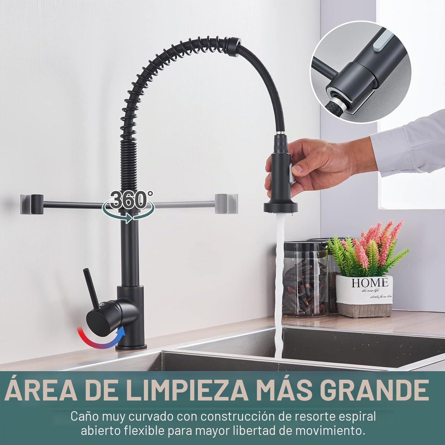 Grifo de cocina negro con pulverizador dual giratorio 360°, grifo de cocina con grifo de ducha retráctil