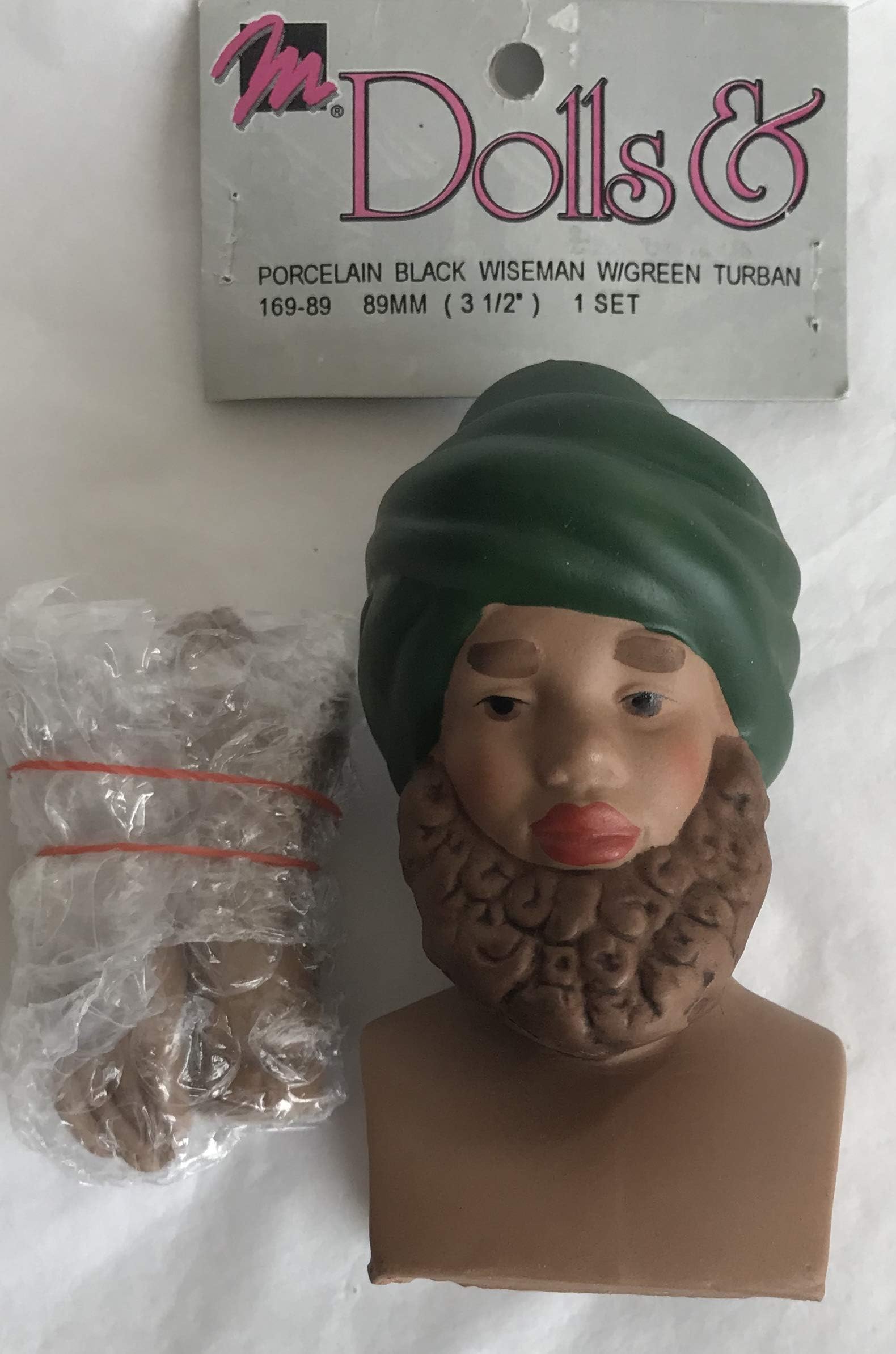 Craft MANGELSEN'S 1 Set of Porcelain Black 'Ethnic' Wiseman Doll Head 3-1/2" High and Pair of Hands Each 2-1/8" LongWISE Man Head has Molded Green Turban (1993)