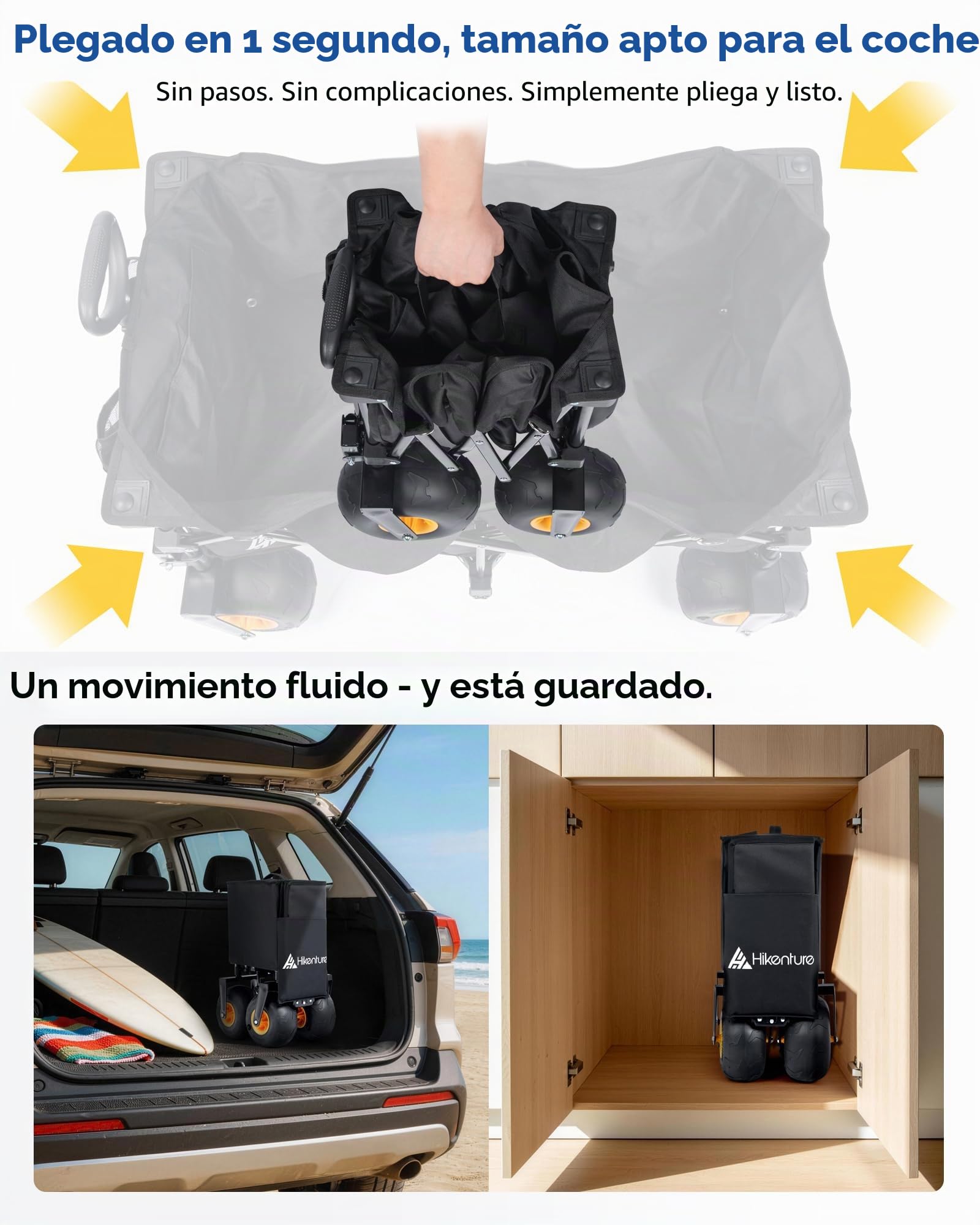 HIKENTURE Carro de playa plegable con neumáticos de aire de 7,5 pulgadas, carro plegable de 135 l con ruedas de playa de 19 x 10 cm, soporta 150 kg, carrito de mano plegable para playa y exterior