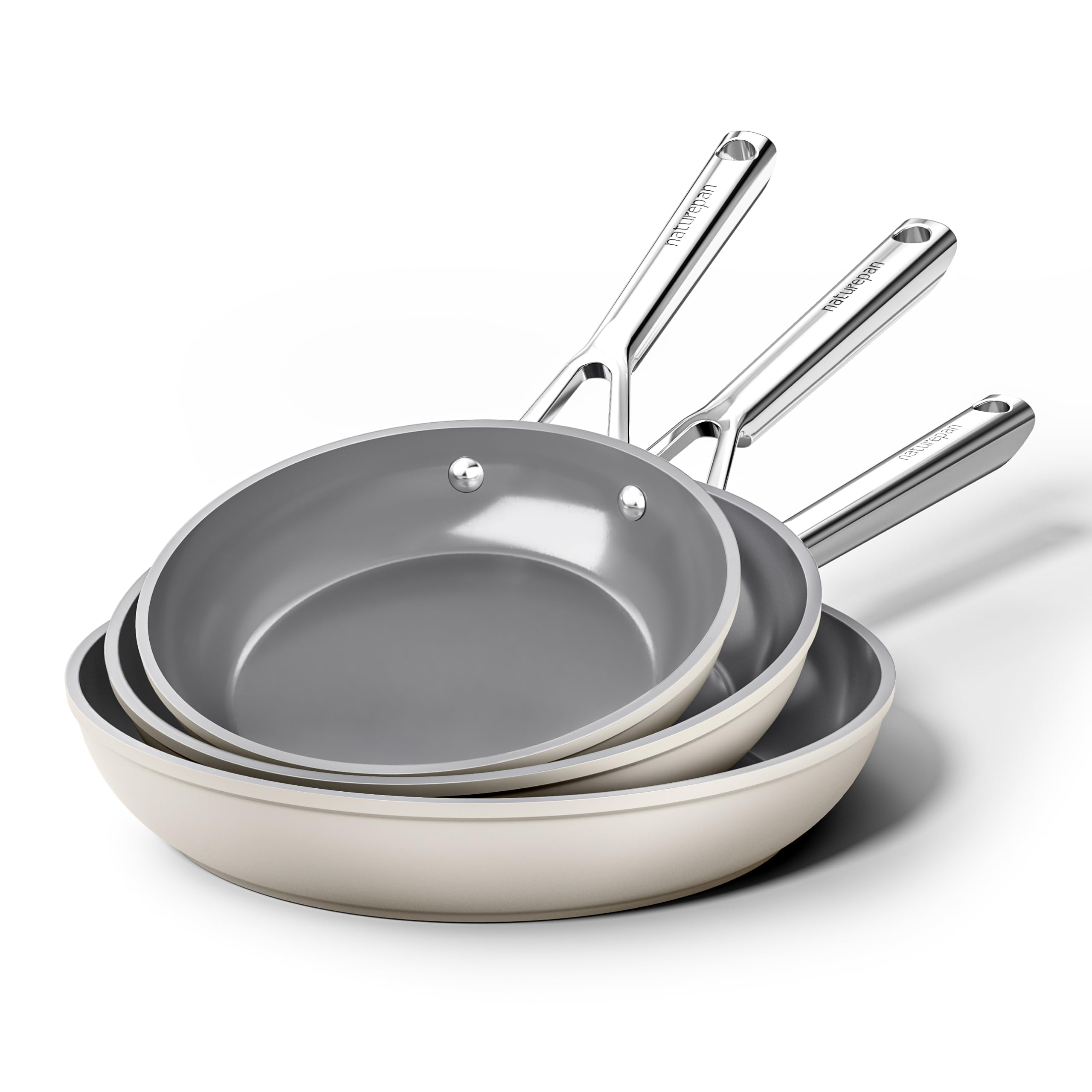 naturepan Diamond-Titanium Ceramic Nonstick Frying Pan Set, 3-Piece (20, 24 & 28cm), PFAS & PTFE & PFOA Free, Stainless Steel Handle, Dishwasher/Oven Safe, Beige