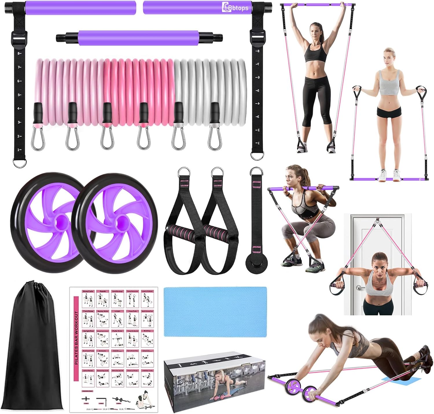 BBTOPS Pilates Bar Kit with Resistance Bands,Ab Roller,2 in 1 Foot Strap & Handle,Door Anchor Pilates Equipment with Resistance Bands, Portable Home Gym Yoga Fitness Bar for Women & Men