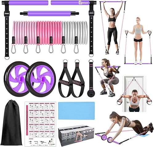 Miniatura 10 de Kit de barra de pilates con bandas de resistencia, barra de ejercicio de equipo de pilates con rodillo de abdominales para entrenamiento de