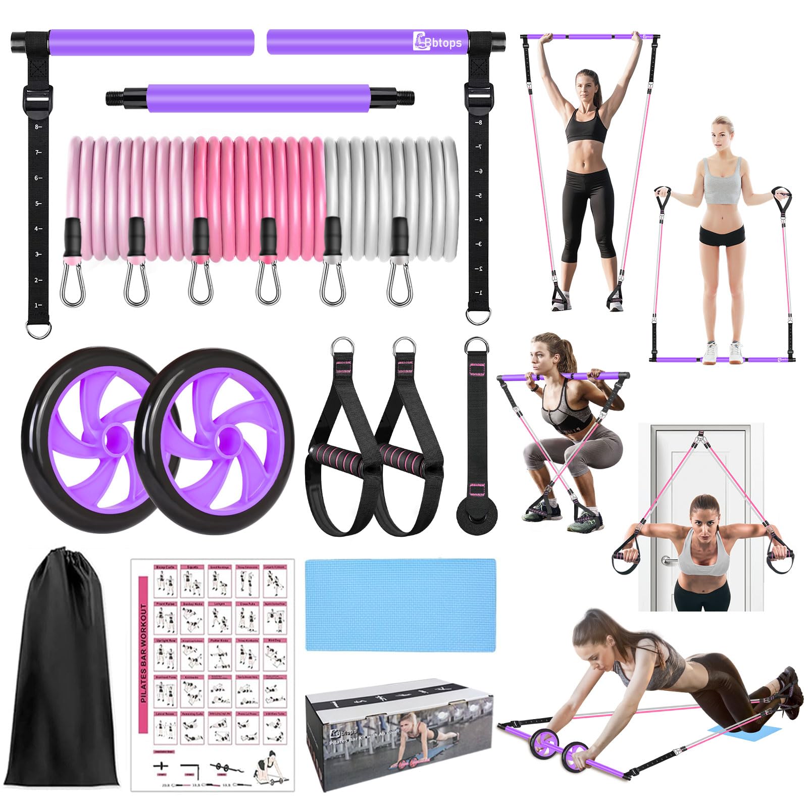Pilates Bar Kit with Resistance Bands,Ab Roller,2 in 1 Foot Strap & Handle,Door Anchor Pilates Equipment with Resistance Bands, Portable Home Gym Yoga Fitness Bar for Women & Men