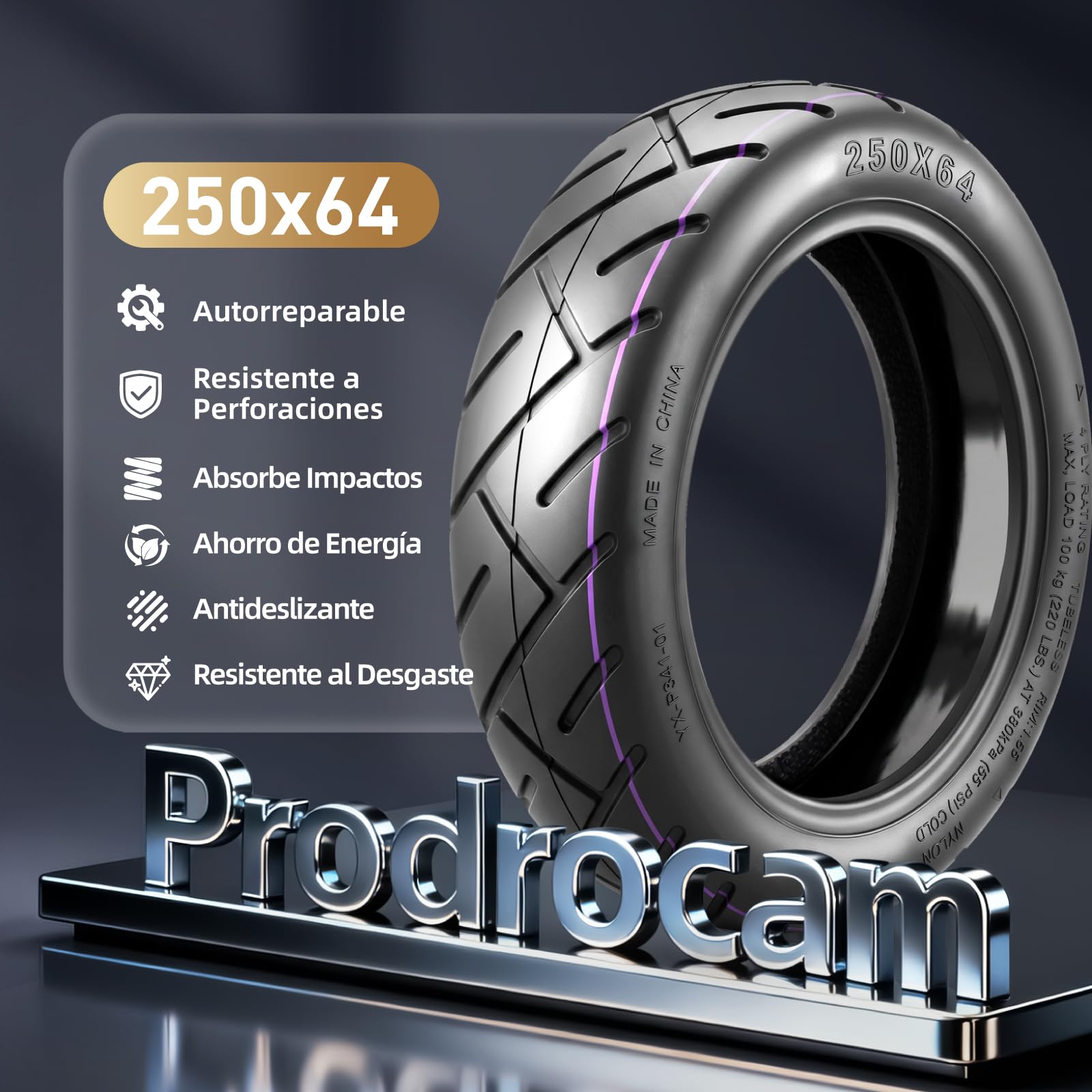 250 x 64 CST - Neumático auto-reparable para patinete eléctrico Xiaomi 4 Ultra - 10" - Neumático de repuesto con adhesivo Live - Aspirador sin cámara de aire delantera/trasera - Con boquilla