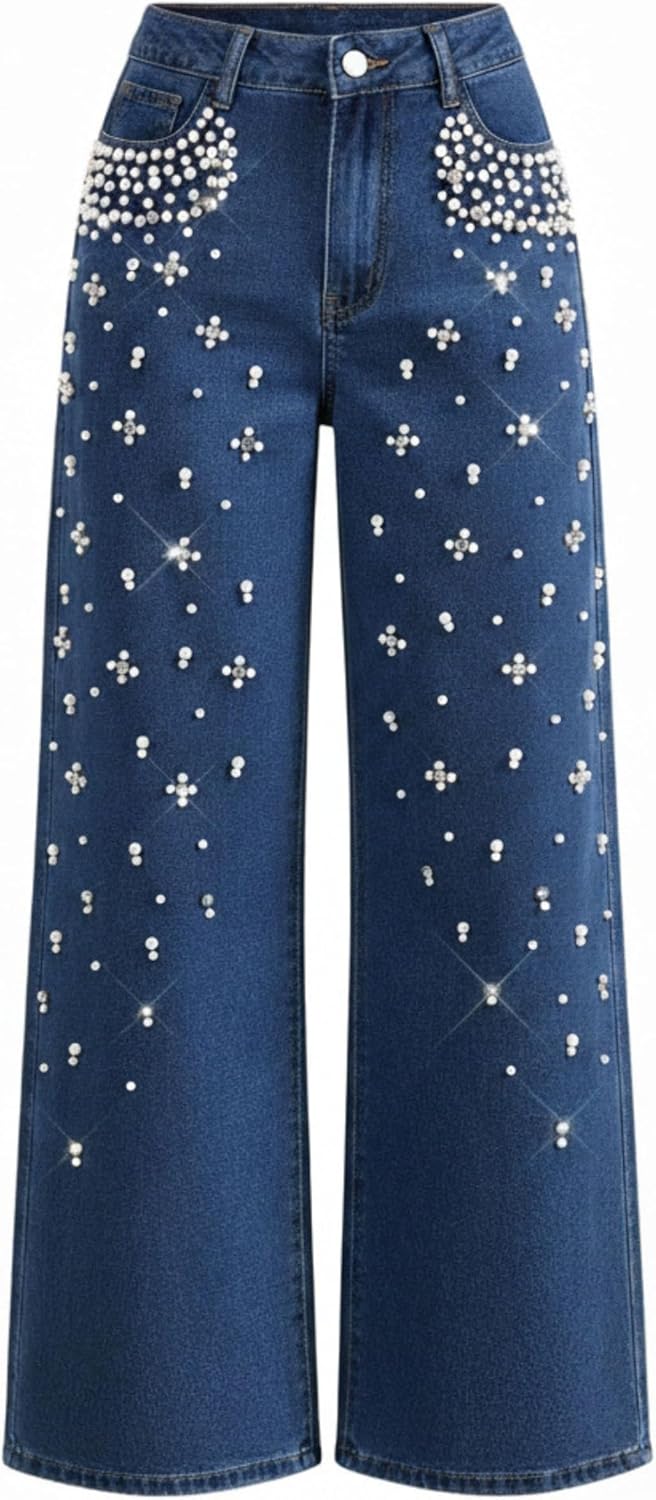 BAIMORE Women's Fashion Casual Pearl and Rhinestone Embellished High-Waisted Wide-Leg Zipper Jeans