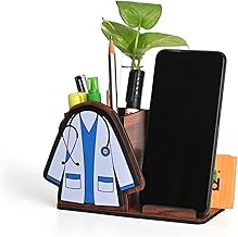 GKD Doctor Themed Wooden Desk Organiser | Mobile Stand, Pen Holder, Visiting Card Slot & Test Tube Planter | Gift for Doctors