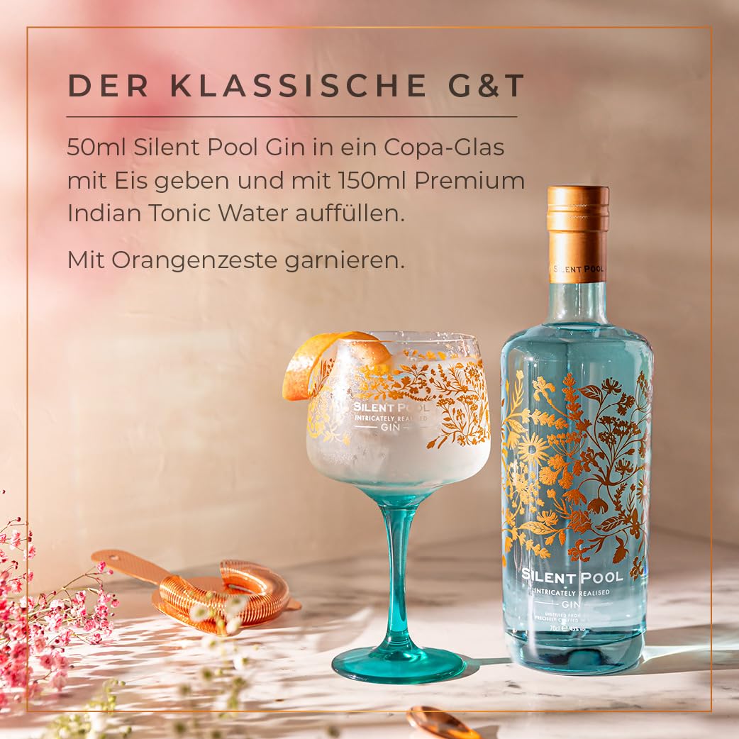 SILENT POOL - Ultra-Premium London Dry Gin – preisgekrönt, handgefertigt in England - Vielschichtig, duftend, ausgewogen - 24 Botanicals - Perfekt auf Eis - ideal als Geschenk - 43% vol., 70 cl.
