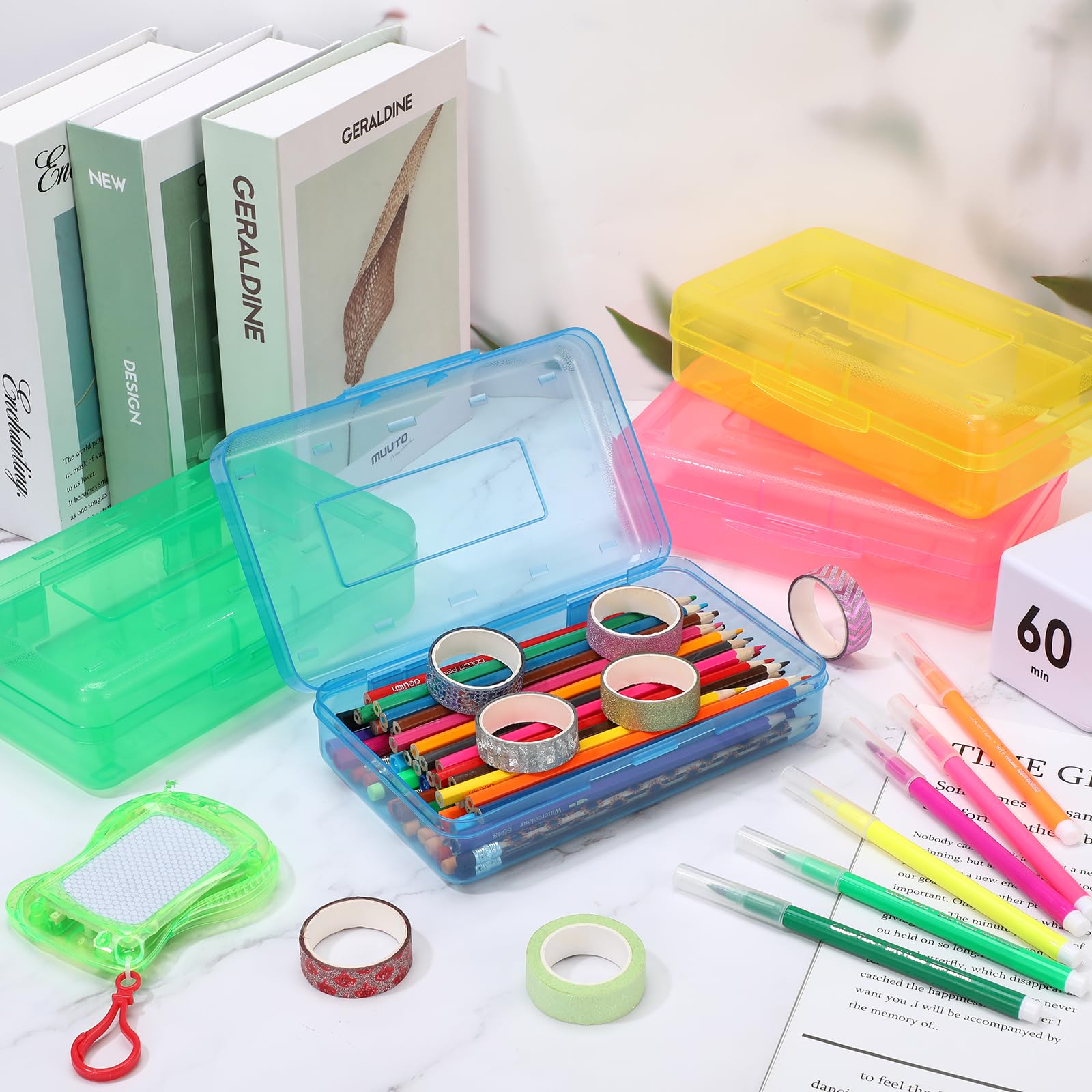 12 Stück Kunststoff-Federmäppchen mit großem Fassungsvermögen für Kinder, transparente Federbox mit Druckknopfverschluss, Deckel aus Kunststoff, Bürobedarf, 4 Farben
