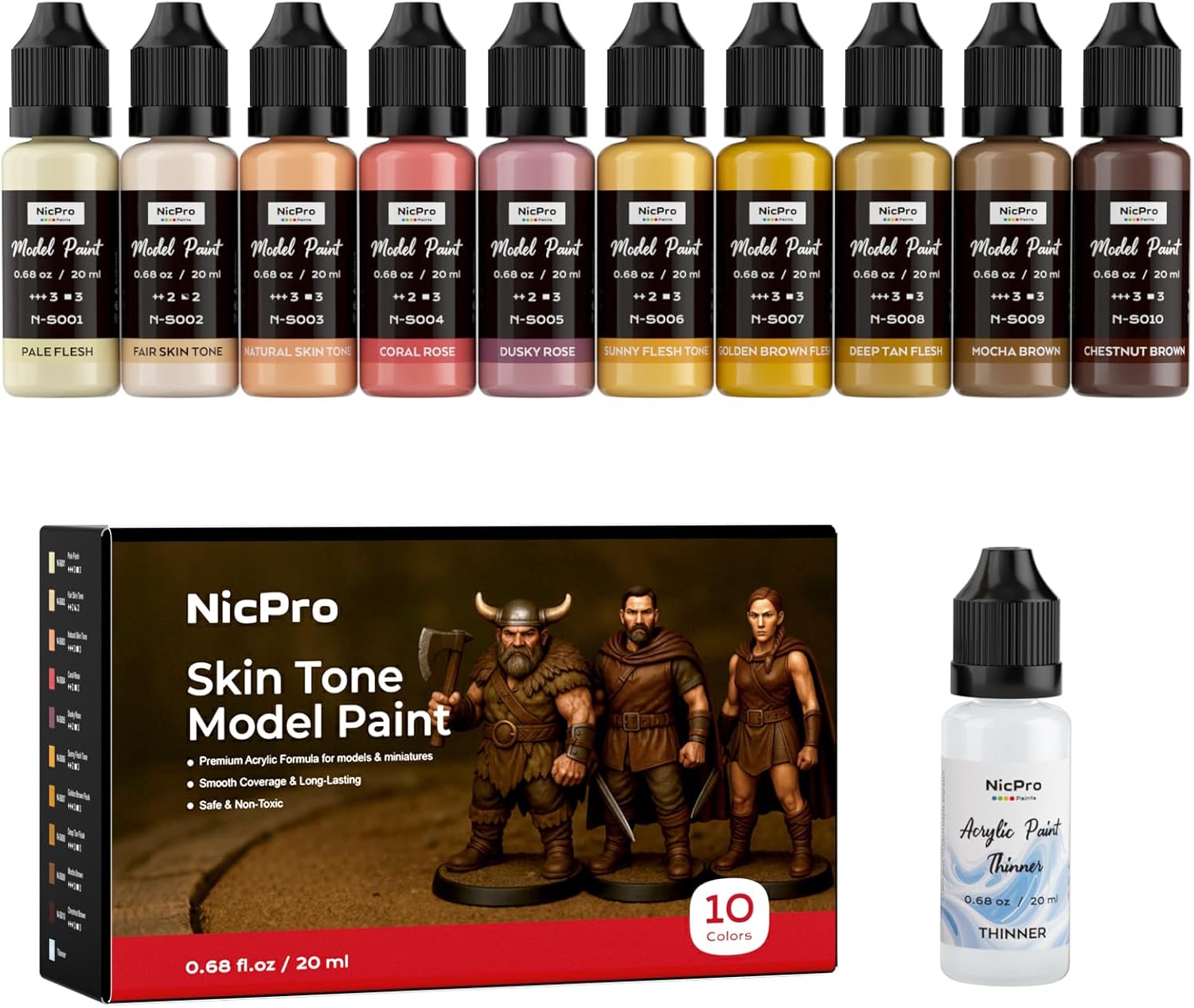 Nicpro 12 Colors Model Paint Set, Enamel-Like Gloss Finish, 20ml Ready to Use Modeling Acrylic Paints, Brush & Airbrush Compatible, Miniature Paint Set for on Model Cars, Figures, Crafts, with Thinner