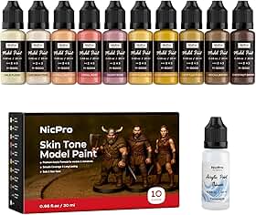 Nicpro Conjunto de tinta modelo de 10 cores de tons de rosto e pele, 20 ml de tintas acrílicas prontas para usar, pincel e aerógrafo, conjunto de tintas em miniatura para iniciantes e artistas em