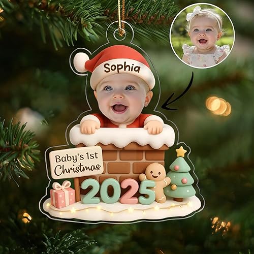 Miniatura 8 de DILYPOD Adorno personalizado para la primera Navidad del bebé 2025-1er adorno de Navidad con texto fotográfico, adornos de Navidad personalizados