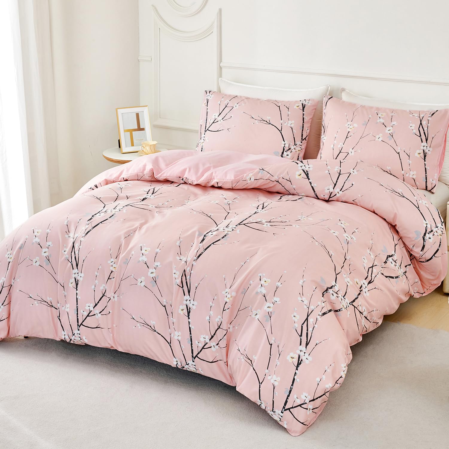 Juego de Funda Nordica Floral Cama 135/150 Patrón de Flores y Ramas Funda Edredon 220x240 cm y 2 x Fundas de Almohada de 50x75 cm Fundas Nórdicas Floral Suave 100% Microfibra, Rosa