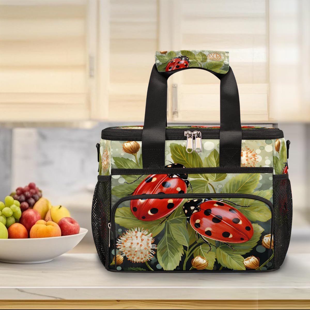 Large Lunch Box for Women Men Insulated Thermal Lunch Tote Bag Green Leaves Ladybug Reusable Cooler Bag Portable Adult Lunchbox Container with Adjustable Strap for Work Picnic