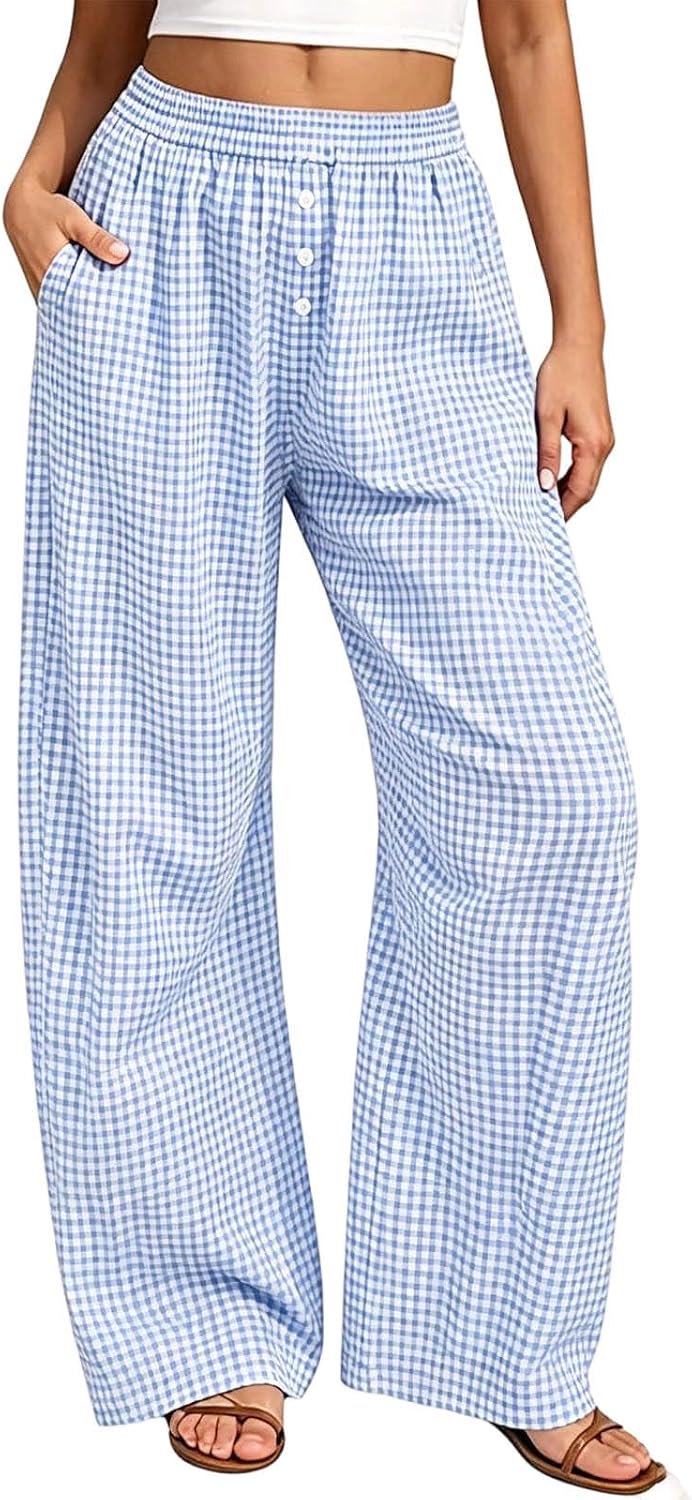 Womens Gingham Pants Lightweight Plaid Wide Leg High Waist Palazzo Lounge Trousers with Pockets Summer Loose Pants