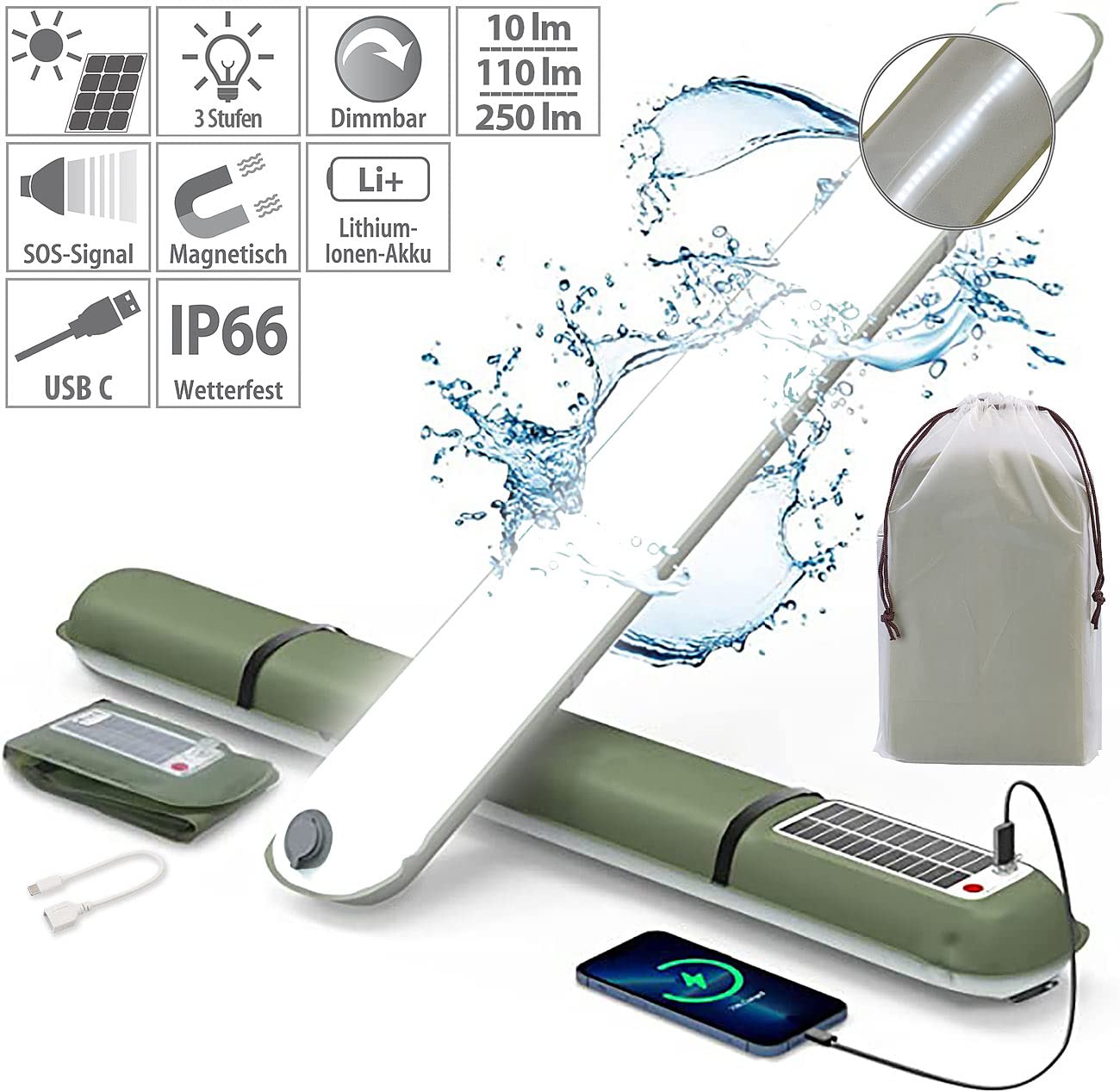 Semptec Urban Survival Technology Camping-Leuchten: 2er-Set Aufblasbare Solar-XL-LED-Campingleuchte, 250lm, tageslichtweiß (LED-Solar-Leuchten Camping, Lichtröhre, Handy)