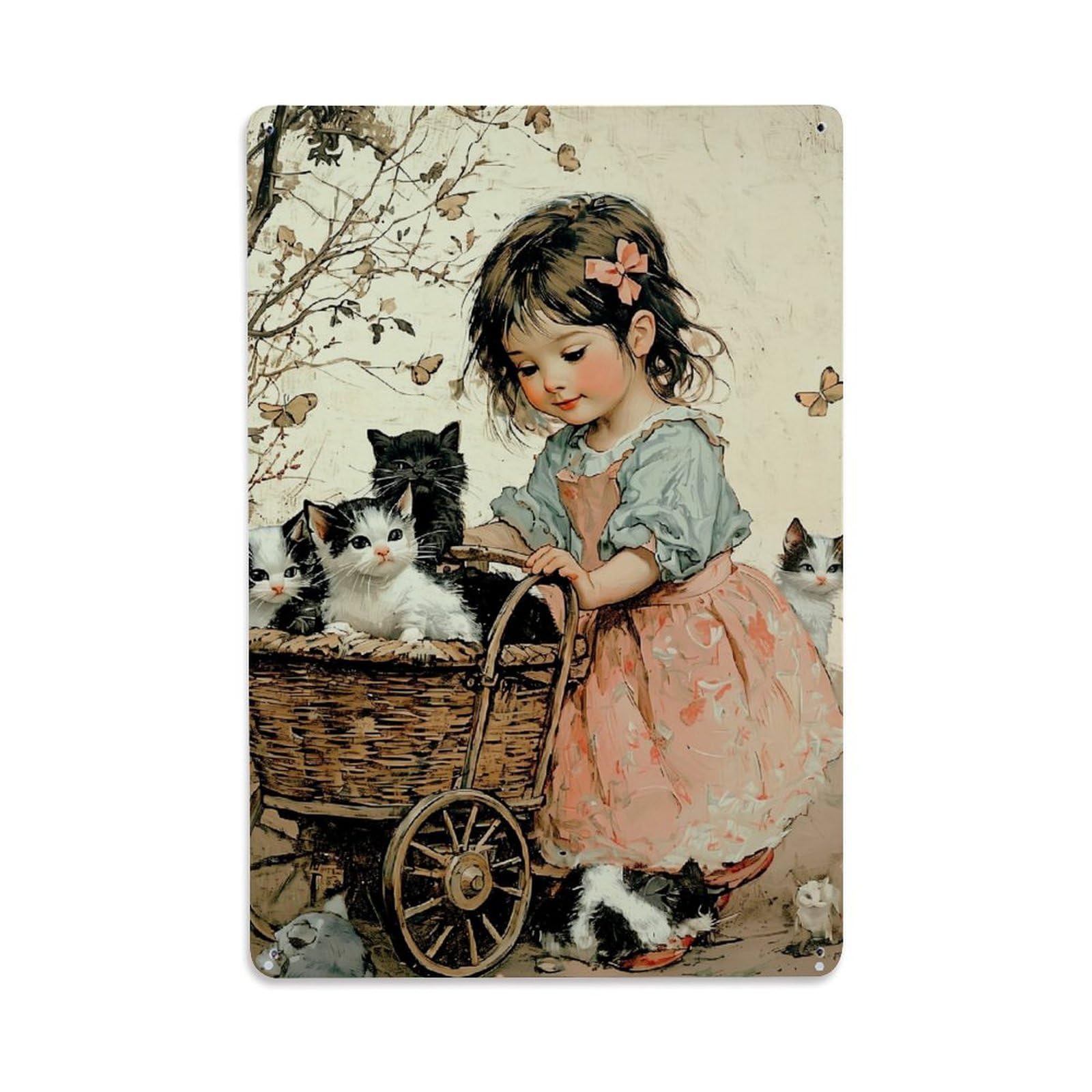 Jdfenggu Girls Vintage Cute With Cats And Cart Retro Metal Tin Sign, Decor Art Poster For Bar, Home, Man Cave, Kitchen, Laundry Room Gift 8X12inch