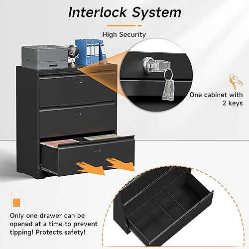Miniatura 6 de Archivador lateral con cerradura, archivador lateral de 3 cajones para oficina y hogar, archivador ancho de acero metálico para colgar archivos,