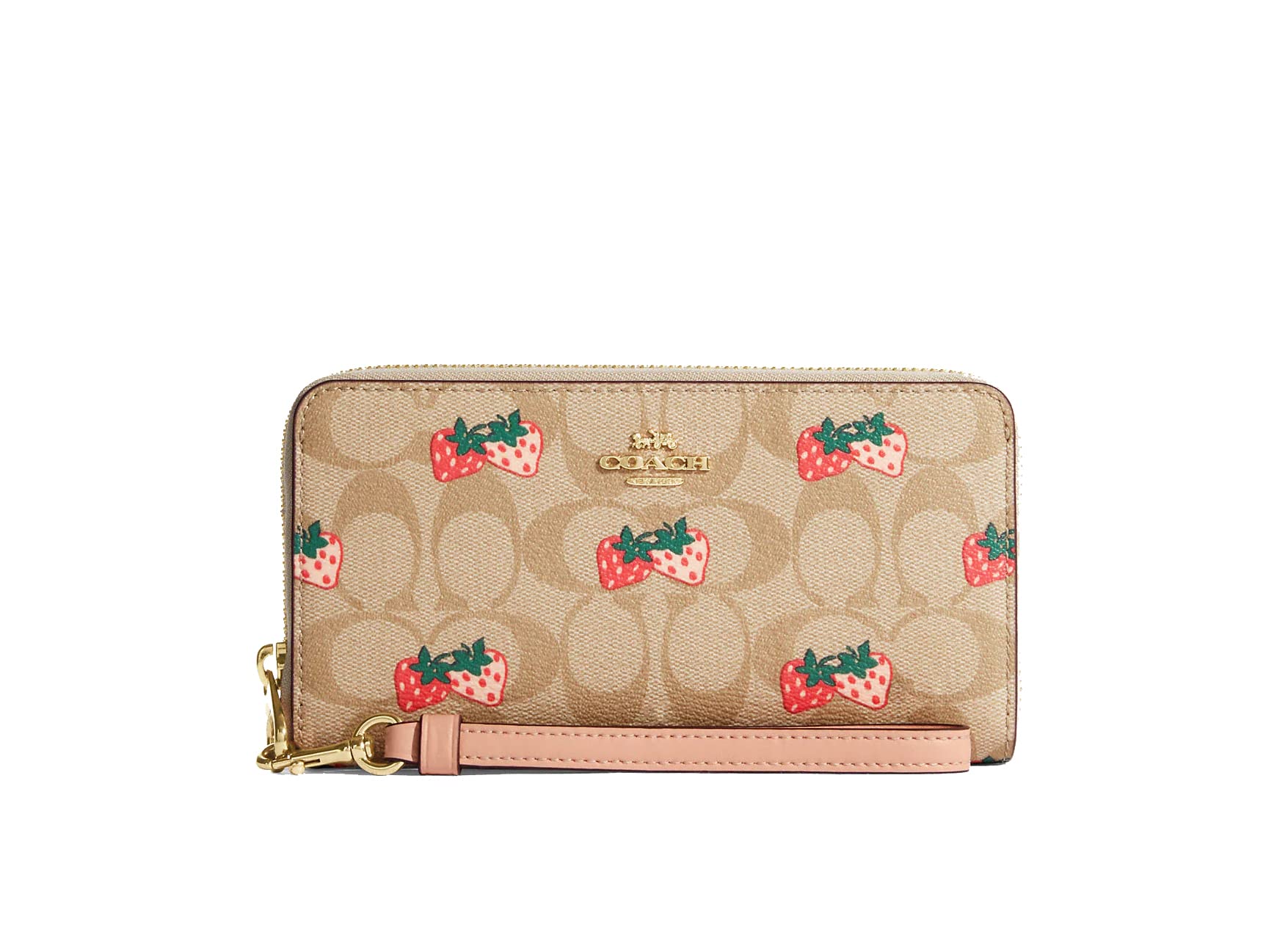 Open COACH Signature Strawberry Leather Long Zip Around Clutch Wallet showing interior compartments