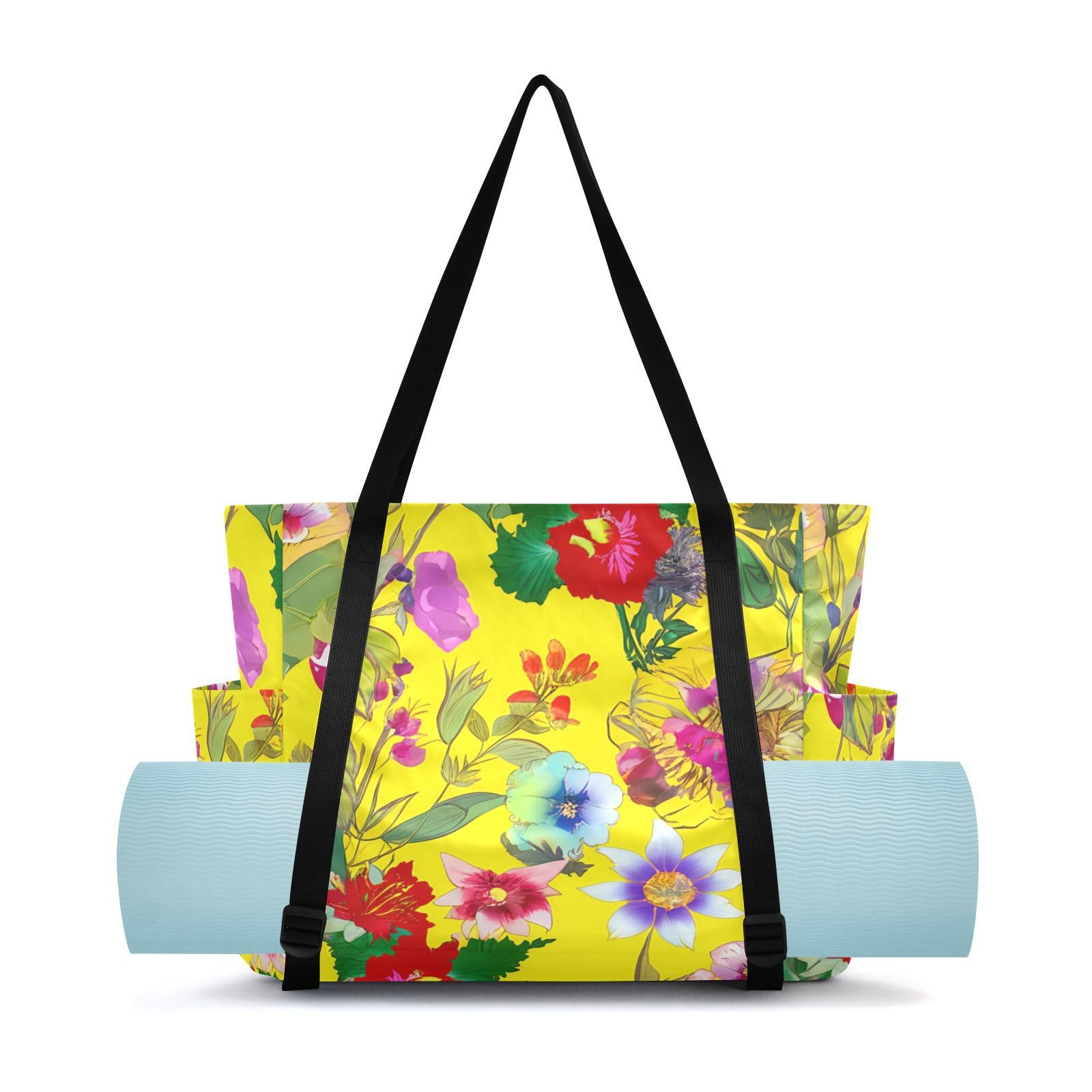 Lxqimora Colorful Flowers Yellow Yoga Mat Bag for Women Water-Resistant Gym Bag with Yoga Mat Holder Tote Bag for Office Travel Yoga Pilates