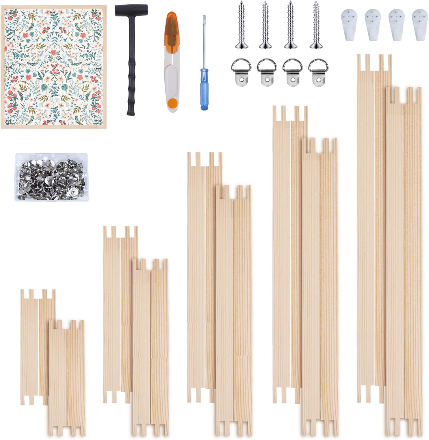 20Pcs Wooden Needlepoint Stretcher Bars Set,5 Sizes with 100pcs Thumb Tacks Canvas Stretcher Bars Frame for Needlework Embroidery, Stitch Frame Set Bundle with Crafts